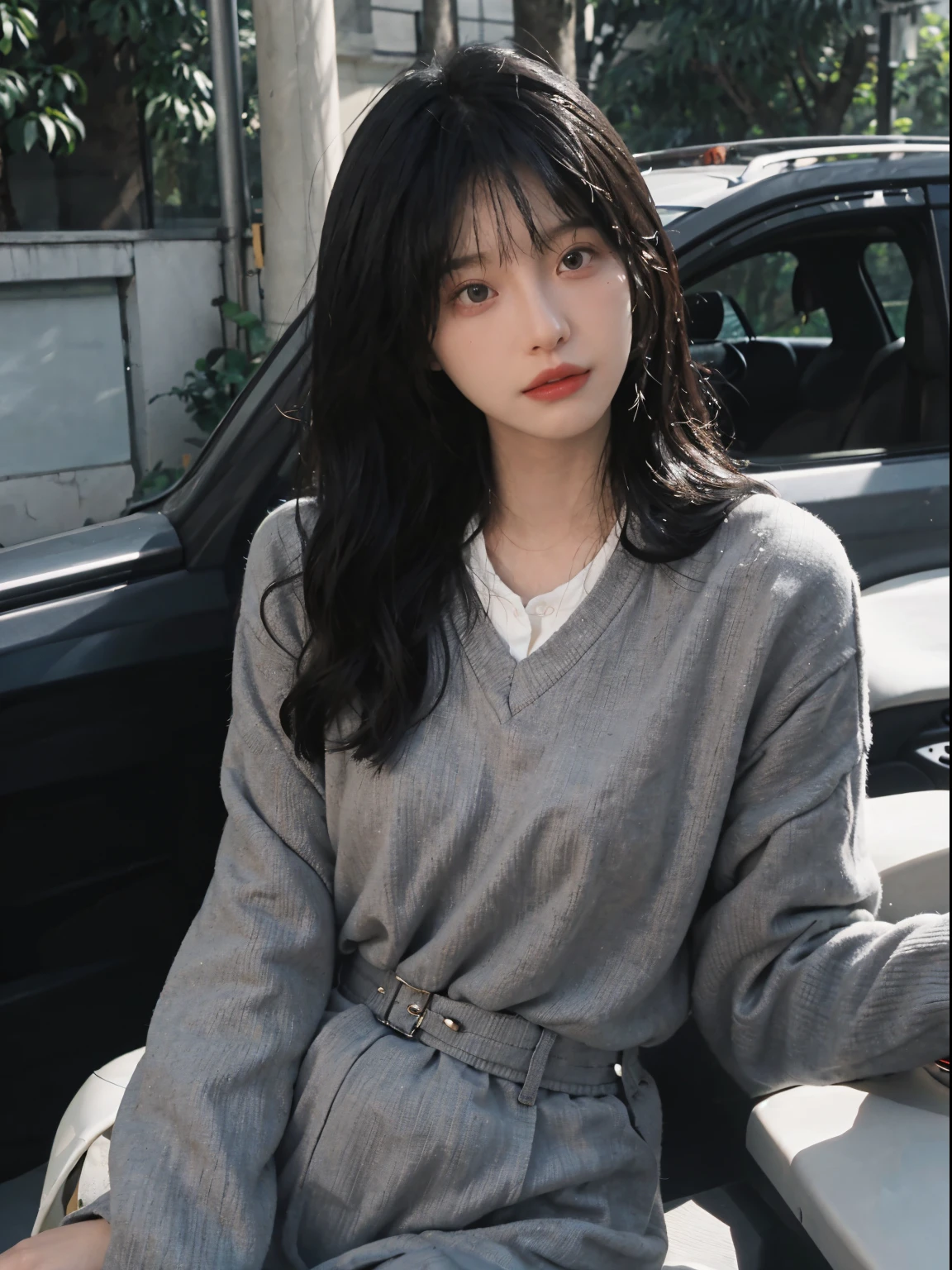 Best quality at best, 超高分辨率, (realistically:1.4), A woman with long black hair and a gray sweater, The middle view is, JK school uniform,under a ray of sunshine,She has black hair,through bangs, young lovely Korean faces, Cute Korean face, Urzans, Shin Jinying, beautiful aesthetic face, Korean facial features, Played by Liu Li Zhien ,beautiful realistic face