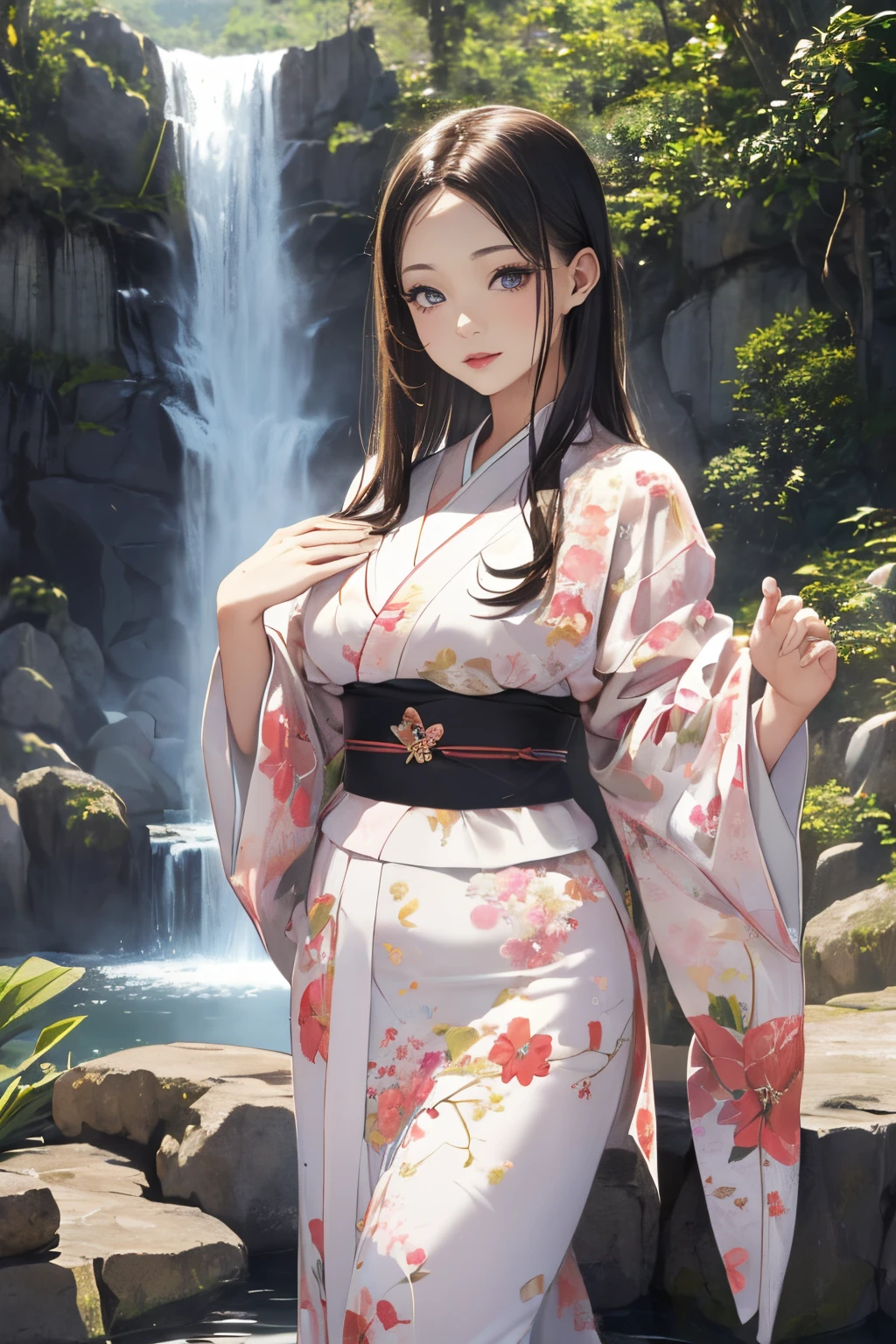 ((A beautiful woman standing in a waterfall basin)),((Next to a beautiful waterfall basin)), ((Sharp bewitching eyes))、((A sexy))、(((See-through kimono:1)))、((Kimono made of thin cloth wet with water)), pale skin、(((1 girl in:1))), ((pale skin))、Melancholy beautiful face、Beautiful expression、Sexy face、Nipple bumps, (((Lower breast)))、(((Beautiful breasts ))), Beautiful 、long boots、Super fine face、Delicat eyes、(Double eyelids)、 (((1 Japan Woman)))、 Beautie, 20yr old,