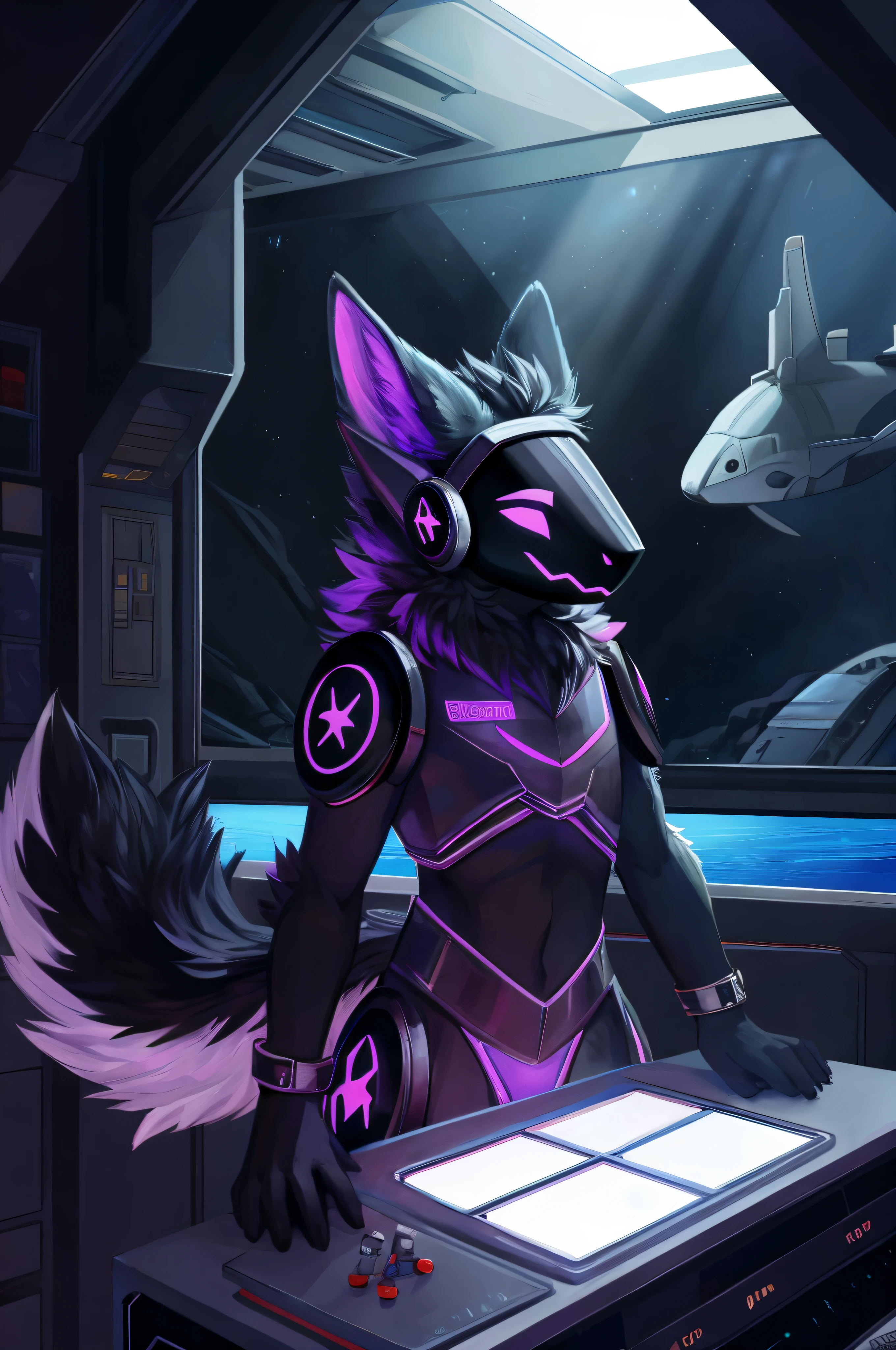 Protogen, furry art, masterpiece, great ???????, black fur, neon purple details, detailed background, fluffy tail, male, wearing a black captain outfit, solo, submarine, control panels, dark cabin, detailed illumination, no windows, very little light, power outage, lights off, darkness.