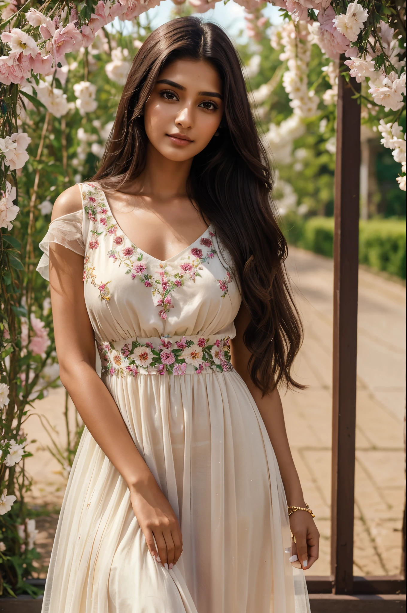 Beautiful ,23 years young girl,confident looking,8k,realistic,dark brown hair,fair skin, indian,long hair,clear facial features, wearing beautiful dress and flowers 🌷🌹