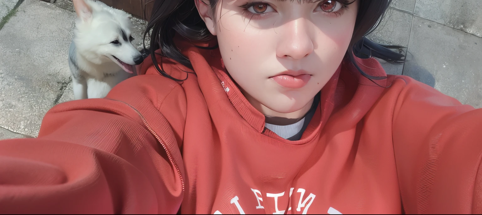 hay una mujer con una sudadera roja y un perro blanco, con una sudadera con capucha roja, Llevar una sudadera con capucha escarlata, sin maquillaje, ((rojo)) ojos holgados, cara cansada, cara de puchero, imagen de muy muy muy baja calidad, Sudadera con capucha roja, chica de cabello negro con sudadera con capucha, cara ligeramente sucia, bizco, usar una sudadera con capucha, mirada enojada, lucir cansado, desnuda