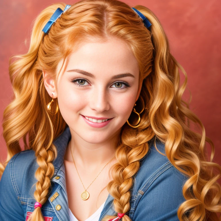 (best quality, RAW photography, extremely detailed, 4k,8k,high res,masterpiece:1.2),ultra-detailed, photorealistic, full body shot,golden red wavy hair in braided styles Mature and beautiful, realistic portrayal:1.2 Sailor Moon smiling posing for a photoshoot, dressed up in jeans. The backdrop is full of moons