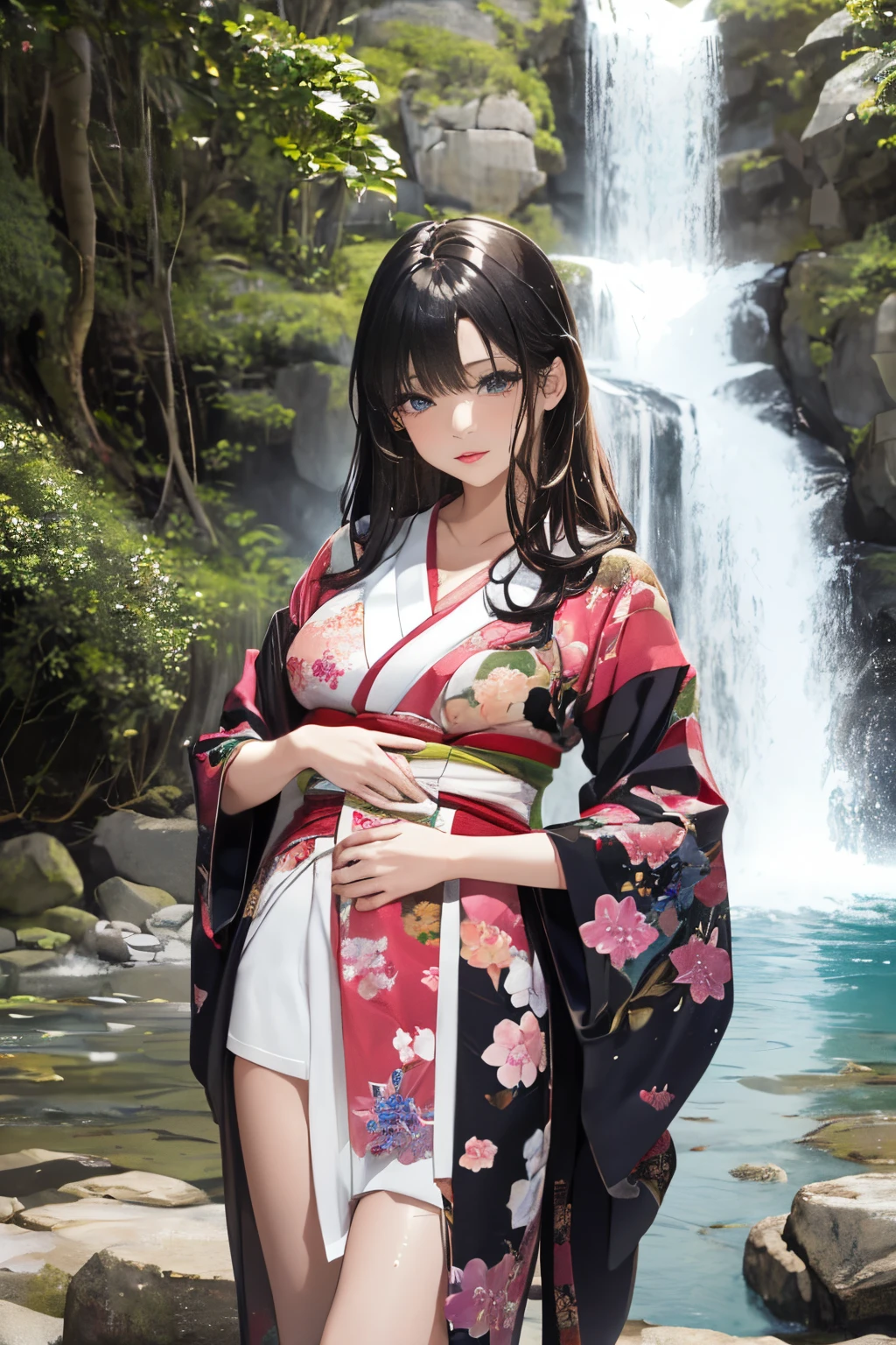 ((Beautiful woman standing by the waterfall)),((A beautiful half-naked woman in a beautiful waterfall basin)), ((Sharp bewitching eyes))、((A sexy))、(((See-through kimono:1)))、((Kimono made of thin cloth wet with water)), pale skin、(((1 girl in:1))), ((pale skin))、Melancholy beautiful face、Beautiful expression、Sexy face、Nipple bumps, (((Lower breast)))、(((Beautiful breasts ))), Beautiful 、long boots、Super fine face、Delicat eyes、(Double eyelids)、 (((1 Japan Woman)))、 Beautie, 20yr old,