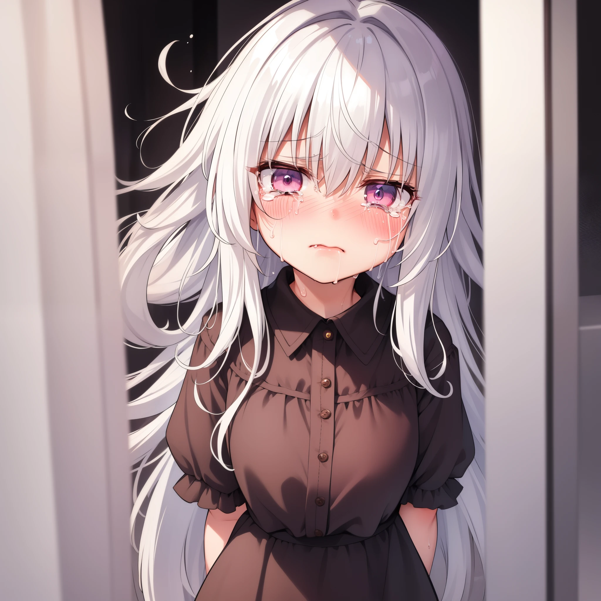 Best_Quality,Masterpiece,1_Girl,cowboy shot, full-face blush,    messy  hair, absurdly long hair, white colored hair, Sad, crying, Tears, Scared