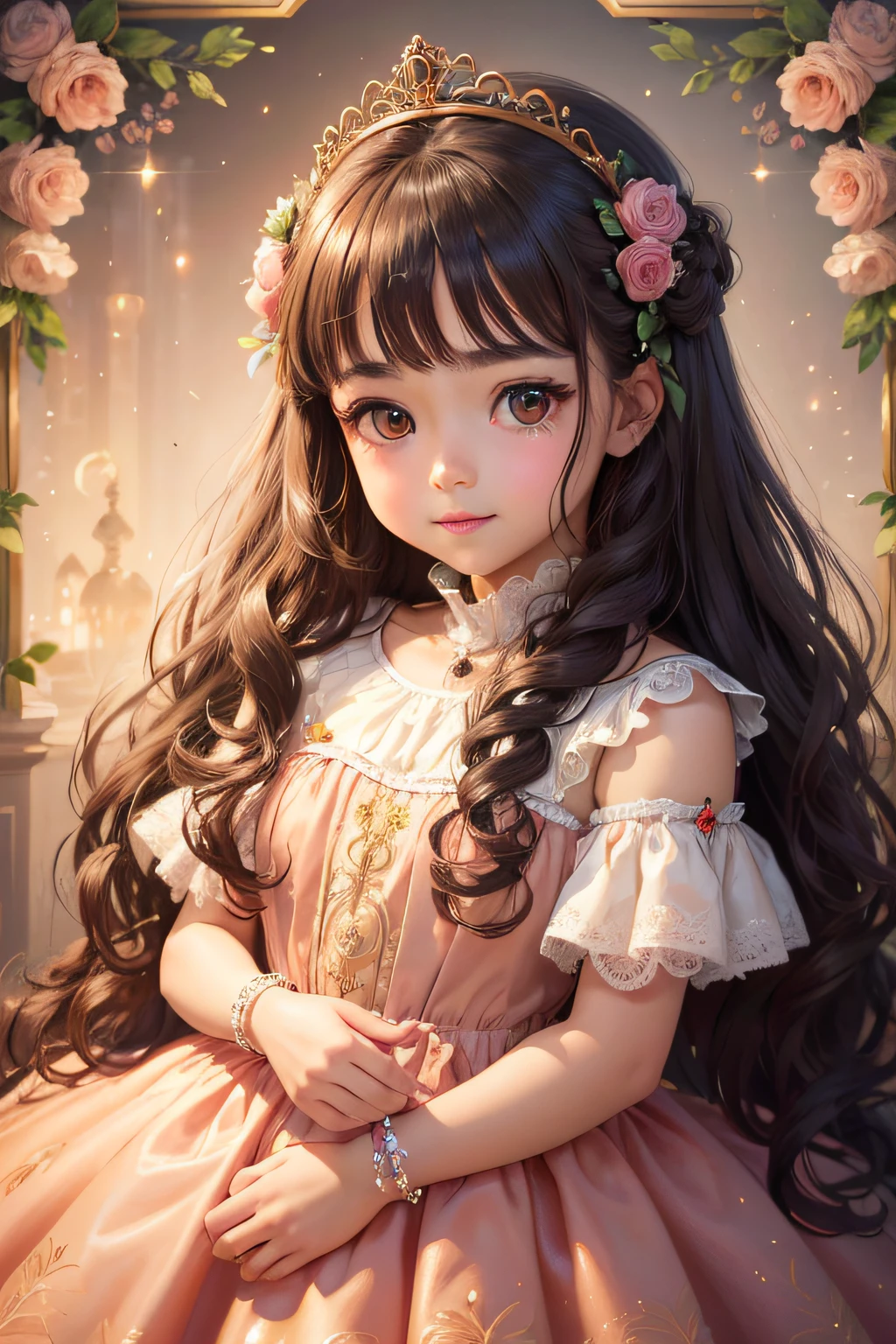 high resolution, Masterpiece, Anatomically correct, qualityที่ดีที่สุด, details, detailsสูง, quality, detailsมาก, high resolutionสุด, realistic textures, โมเดลhigh resolution, childเล็ก, long hair, black hair, Double braids, Two braids, bright eyes, smiling, purple eyes, headband, Wearing a pink dress,childตัวเล็ก, childน้อย, child,baby,