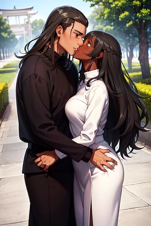 interracial couple, getou, hugging woman, kiss, looking into the eyes, ((man white skin, tall, brown eyes, medium length hair, loose hair, black hair)), ((black woman dark brown skin, dark brown eyes, hair black, curly hair)), outdoor clothes, showa memorial park, masterpiece, great quality, beautiful