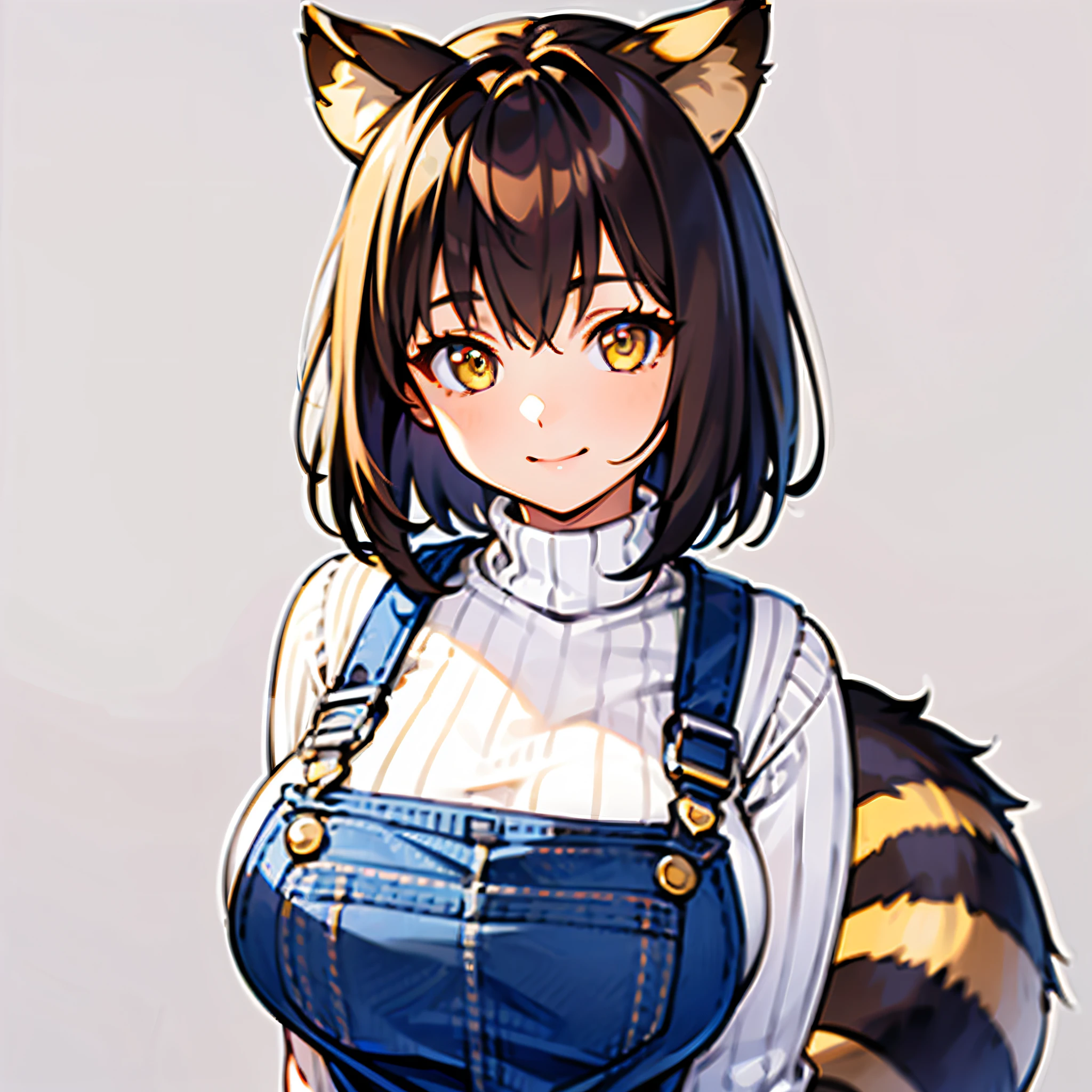 1girl, short messy brown hair, yellow eyes, racoon ears, racoon tail, big breast, white ribbed sweater, dungarees, smile, solo, best quality, masterpiece, portrait, simple background, looking at the camera, from the front, 1result, vibrant, detailed, perfect anatomy, detailed art, high definition, 4k, high resolution.