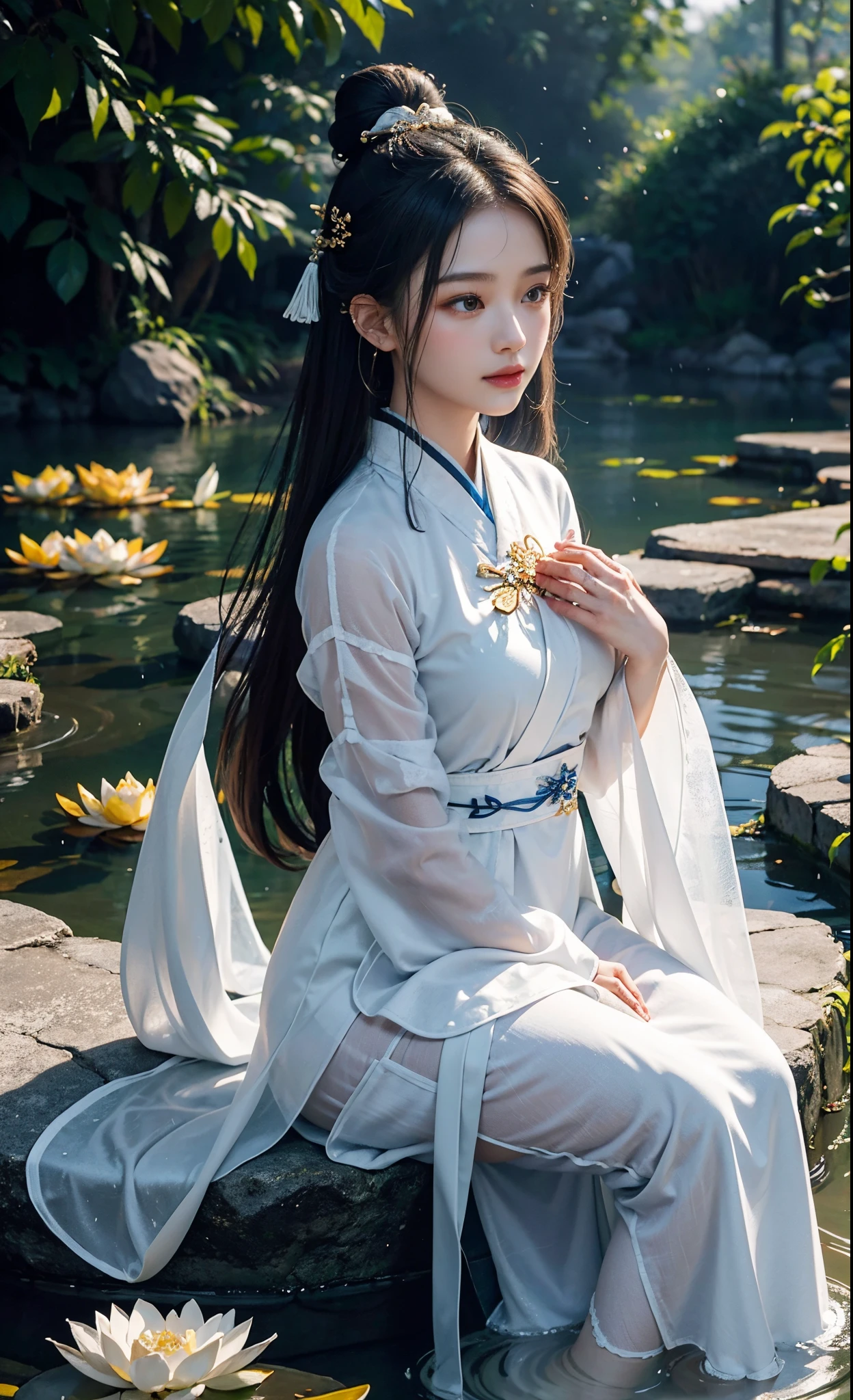 realistically, Close-up shot，Complicated details, ultra - detailed, Natural skin texture, 1 girl, Bunched hair，hair-bun，Beautiful Chinese woman wearing white Hanfu robe cloak，faeries，white-mist，gold light，white-mist，Outdoor activities，Located in West Lake, Hangzhou，In the ancient Chinese pavilions，（Colorful、vividness、rays of sunshine、cold light：1.2）Lotus leaves in a pond，exquisit facial detail，dynamicposes，exquisite detailing，Broad perspectives，Epic and very detailed，Global illumination - AR 3:2 - q 5 - v 5.1 - RAW style - S 750，The style is influenced by ancient Chinese art，复杂，high detal，lock focus，Наматичный，Realistic Paintings art，Lotus leaf，Spring rain，bright，llight rays，atmospheric pressure，Bright tones of spring，super detailing，16k，Best quality，Soft lighting，the space，crystal-clear，Natural soft light，Surreal photography，fully body photo