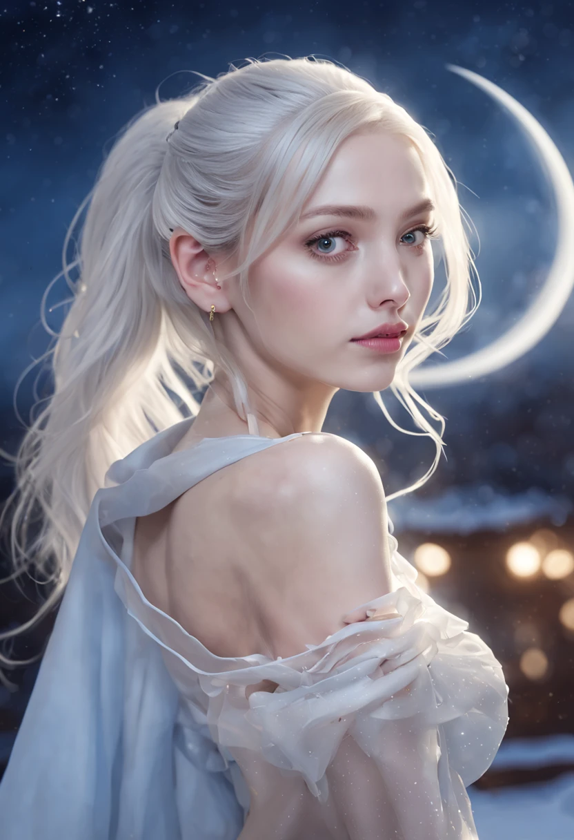 Masterpiece, (Best Quality: 1.2), (Super Fine: 1.2), Illustration, (Extremely Delicate and Beautiful: 1.2), Film Angle, Floating, (Beautiful Detail Eye: 1.1), (Detail Light: 1.1), Film Lights, Delicate Sky, Woman, White Hair, Blue Eyes, (High Ponytail: 1.1), Cloak, Glowing Eyes, (Moon: 1.2), (Moonlight: 1.1), Starry Sky, (Light Particles: 1.1), Fog , snow painting, sketching, blooming