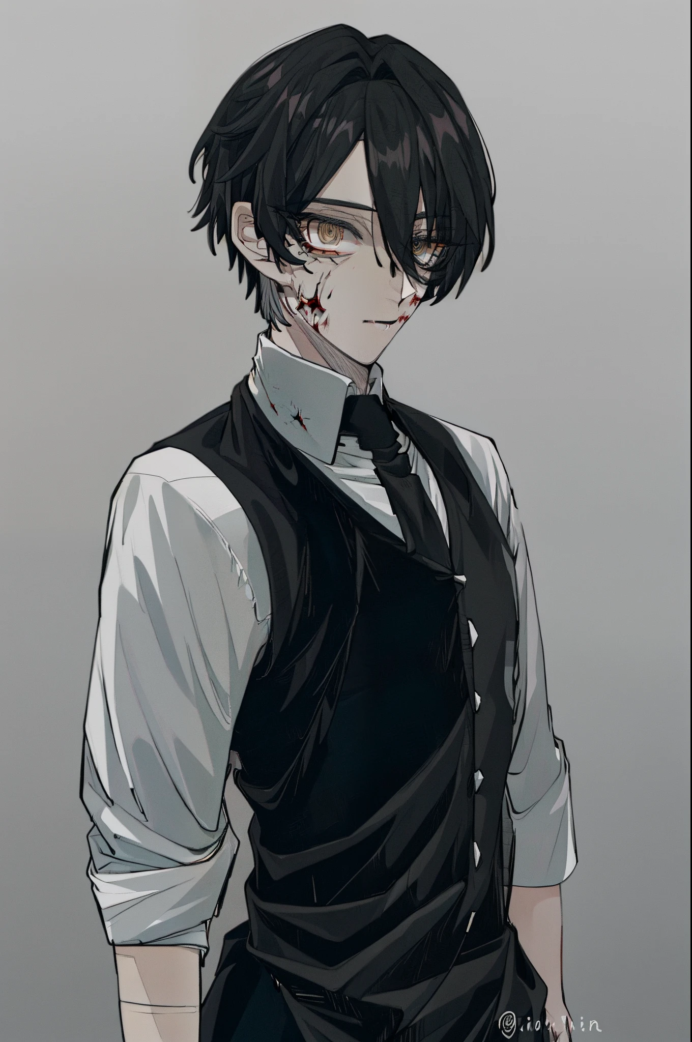1 boy, with a pure white background, black color hair, Long gray hair,messy hair,黑The eye, Eye spiral, eye socket, blood spatter, Pure black suit,Wear a white T-shirt,smokes,freckle