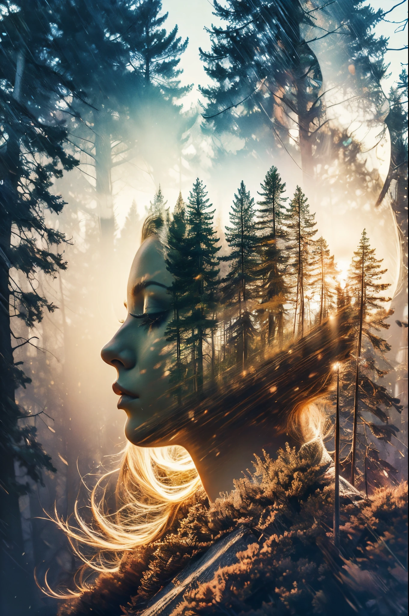 masterpiece, digital imaging, photography, double exposure, centered, white background, 1girl, elf, mythical forest, volumetric lighting, symmetric, vibrant color, (epic composition, epic proportion), HD