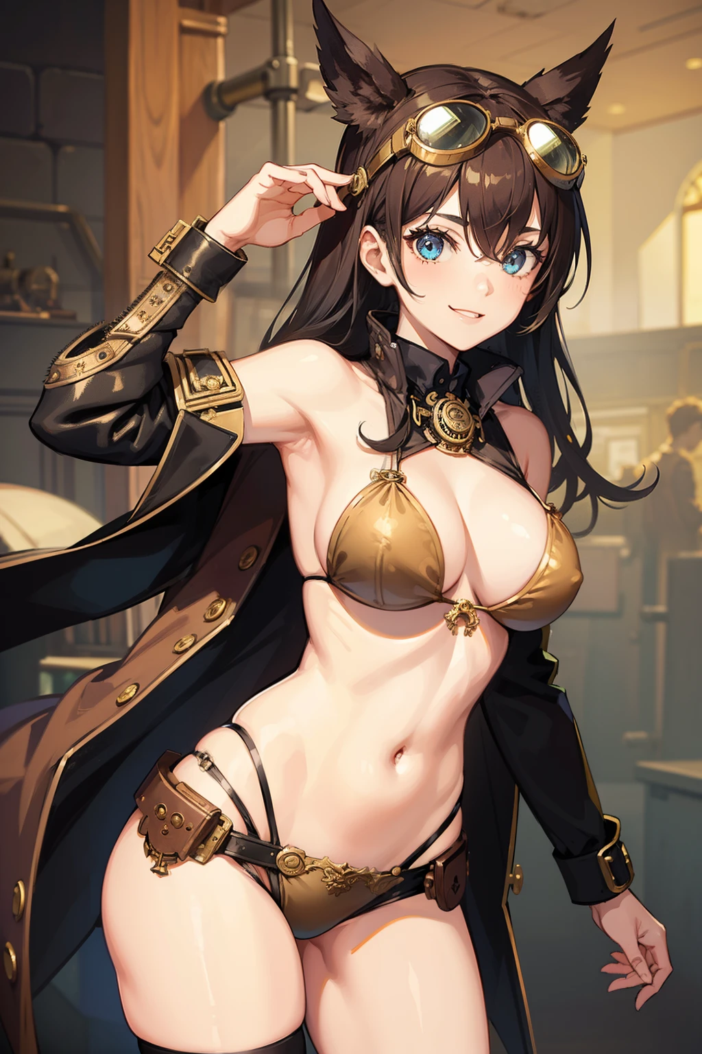 1girls, 22 years old, lewd bikini, Steampunk costumes, steampunk goggles, smile, looking at viewer, Steampunk background, cowboy shot, masterpiece, super detail, best quality