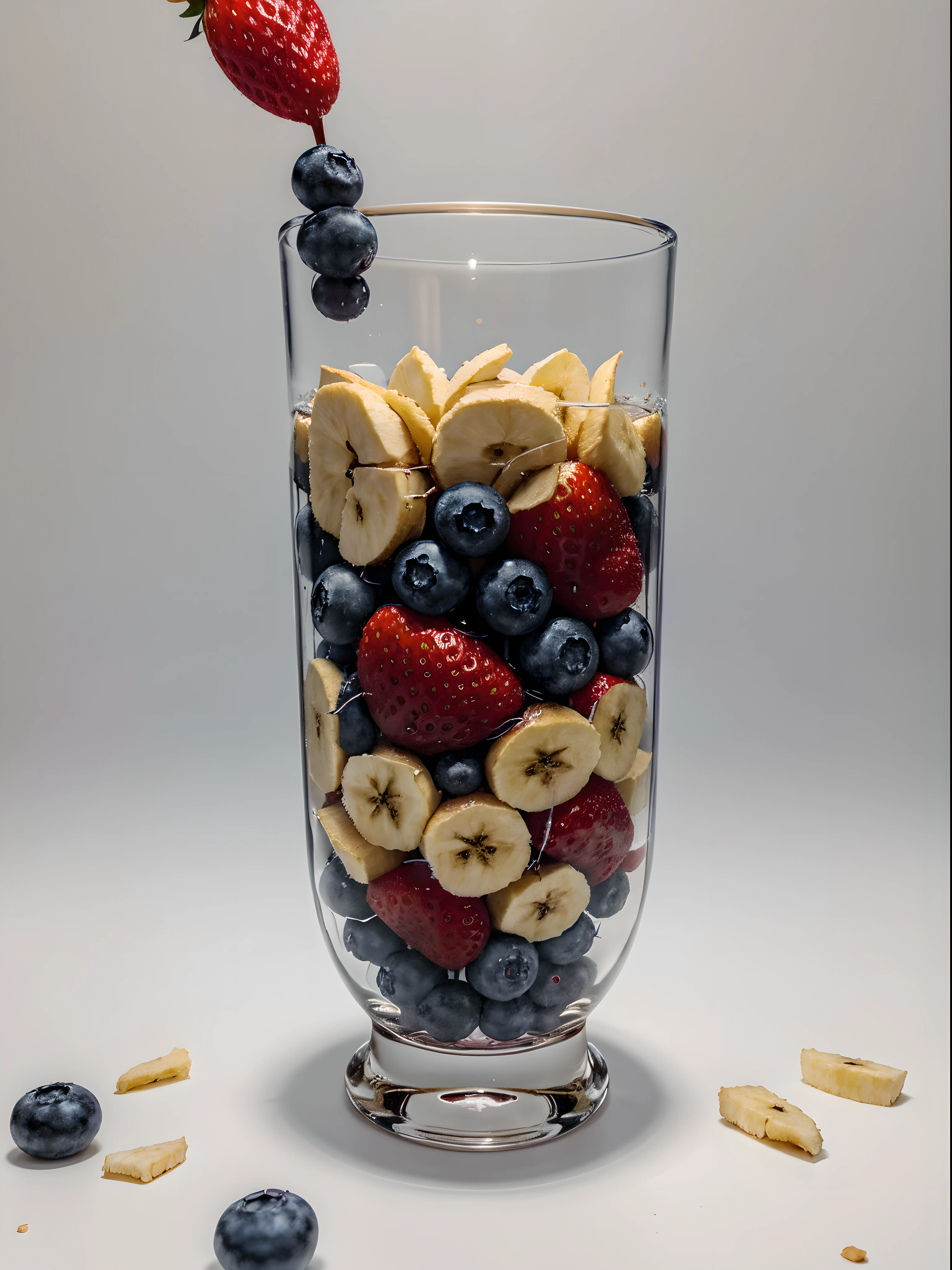 (Best quality,8K,Masterpiece:1.3),NOhumans,Clear glass,There are a lot of strawberries in it、Blueberries and Banana Chips, blend,, detalhe poderoso, intense detail, on the white background, Clear detail, professional,
