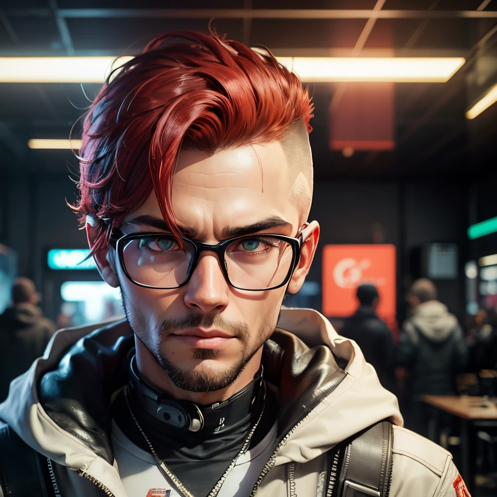 Front view, Looking at camera, Foto RAW,((jaqueta preta estilo cyberpunk:1.2)), ((retrato)), Android robot man with short red hair, 30 years old with large glasses with modern aviator style design, olhos castanhos escuro, olhos perfeitos, ((fundo branco:1.2)), studio lighting, alta qualidade, filmic grain, Fujifilm XT3, Centralizado --auto --s2