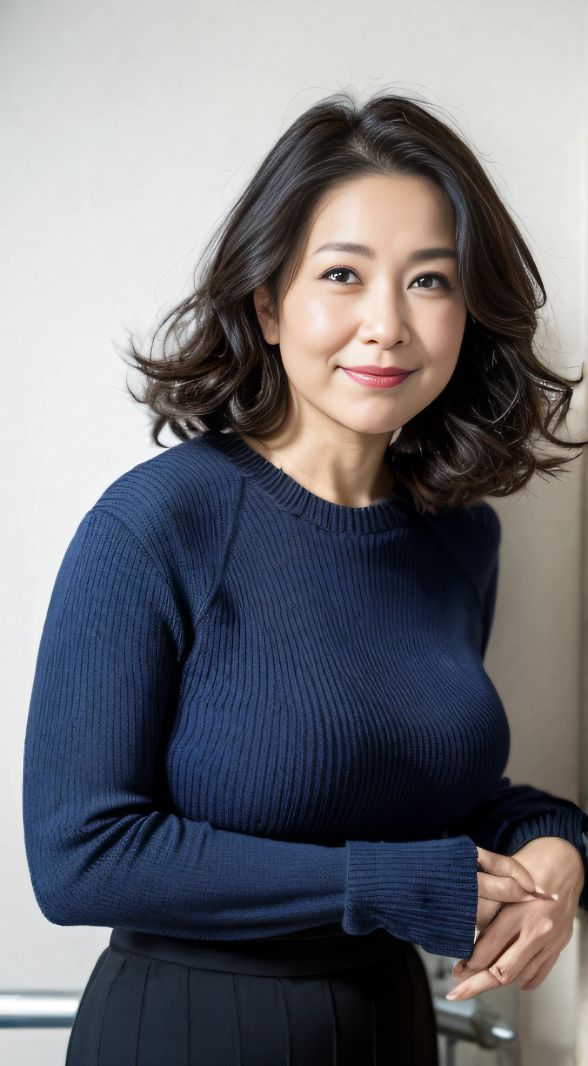 ((Best quality, 8K, Masterpiece, Portrait: 1.3)), (View viewers), Photorealism, Sharp focus, Solo, The Moro Islamic Liberation Front of Japan, Beauty,Wavy hair, Wrinkles at the corners of the eyes, to emphasize, ((Big breasts:1.3))),,30 years old, curlies, (Long-sleeved knitted sweater、skirt by the、、standing on your feet:1.3)