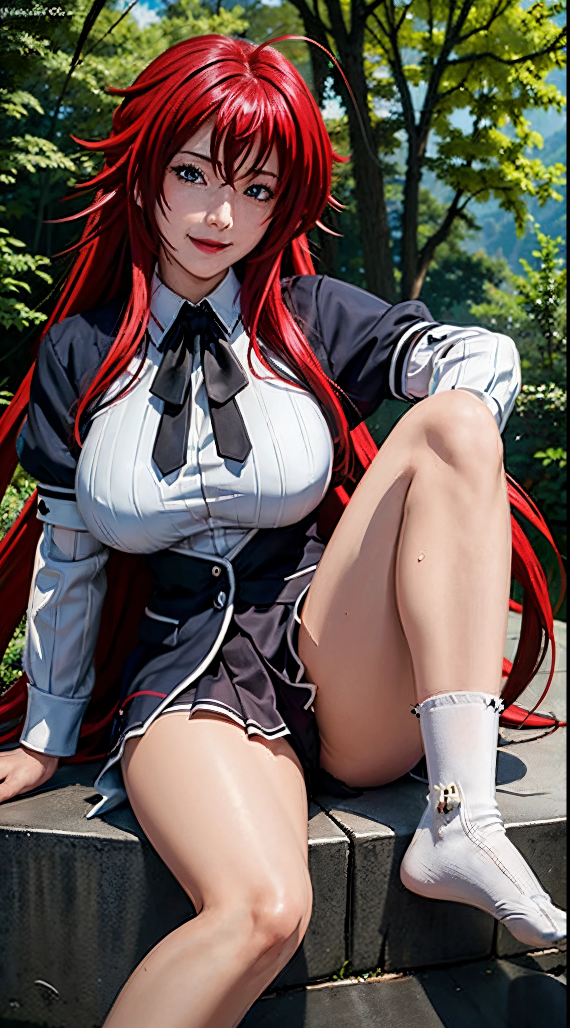 (masterpiece:1.2), (photorealistic:1.2), (best quality),((realistic:1.3)), (detailed skin:1.3), (intricate details), dramatic, ray tracing,finely detailed, quality,realistic lighting,huge breasts,1girl,1girl, rias_gremory,school uniform, red hair, ahoge, blue eyes, large breasts, very long hair, breasts, skirt, huge ahoge, socks,,full body,smile,looking at viewer,(outdoors,dynamic pose)