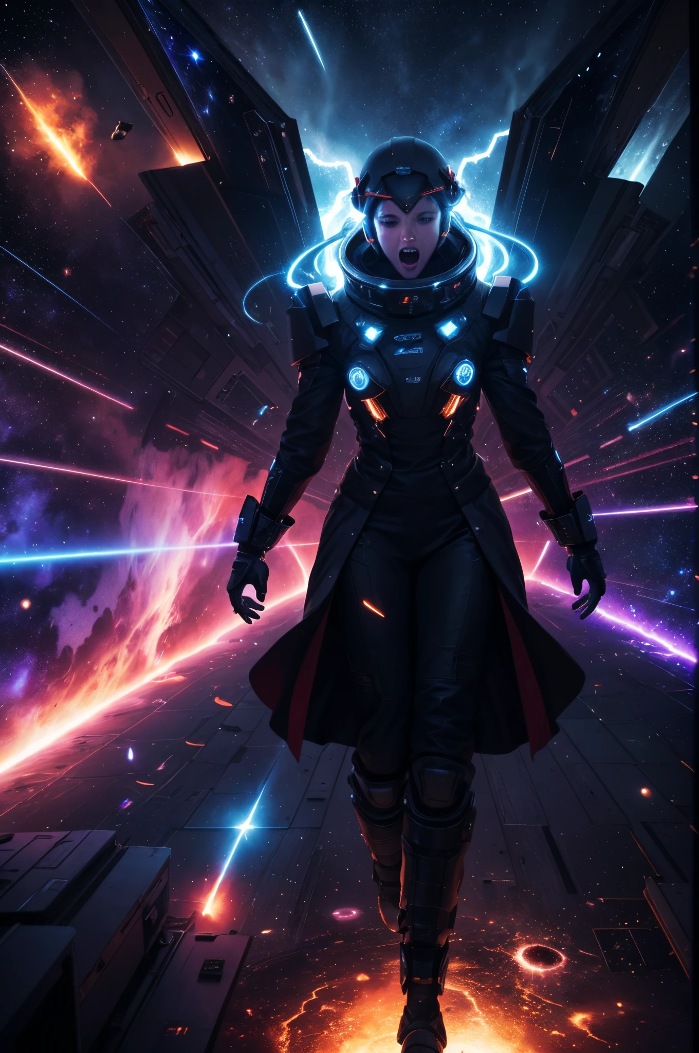 going through the scorching center of a space nebula, static, electricity, fire, explosions, danger, space travel, darkness of space, lightning, stars, Arora, shockwave, luminescents, blue-black star ship, swirling patterns, churning, twirling, fear, screams, lacewings, dragons, 64k resolution,