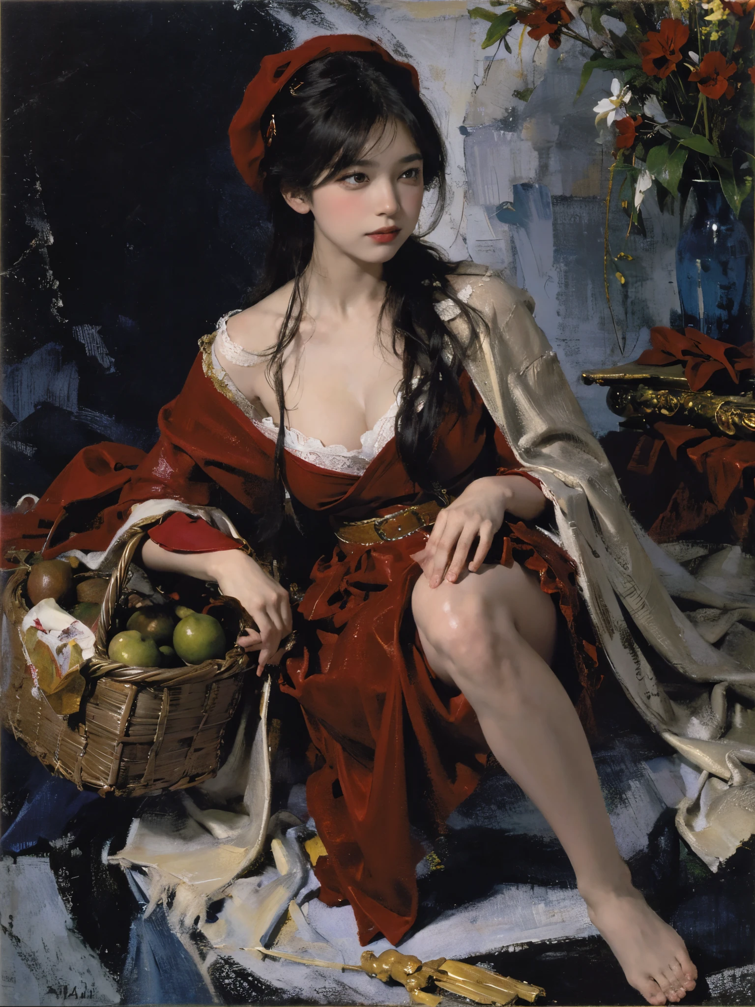 Describe the scene where the girl in red meets the wolf，Quiet and harmonious atmosphere，Dramatic composition，warm color palette，Correct anatomy，Detailed faces, 詳細な目，（Girls wear：red shawl，Red Hat，laced dress，Red Hat, cloaks, Large bra, a skirt, Red dress，Carrying a basket of fruit），Background with：luring，natural  lightting, Candy   House，a fairy world，Close-up cleavage，Charming and sexy legs，((Sexual suggestiveness)),Attractions,(post impressionist),,(Fechin Oil Painting - Fechin Oil Painting , oil painted), Correct anatomy，01