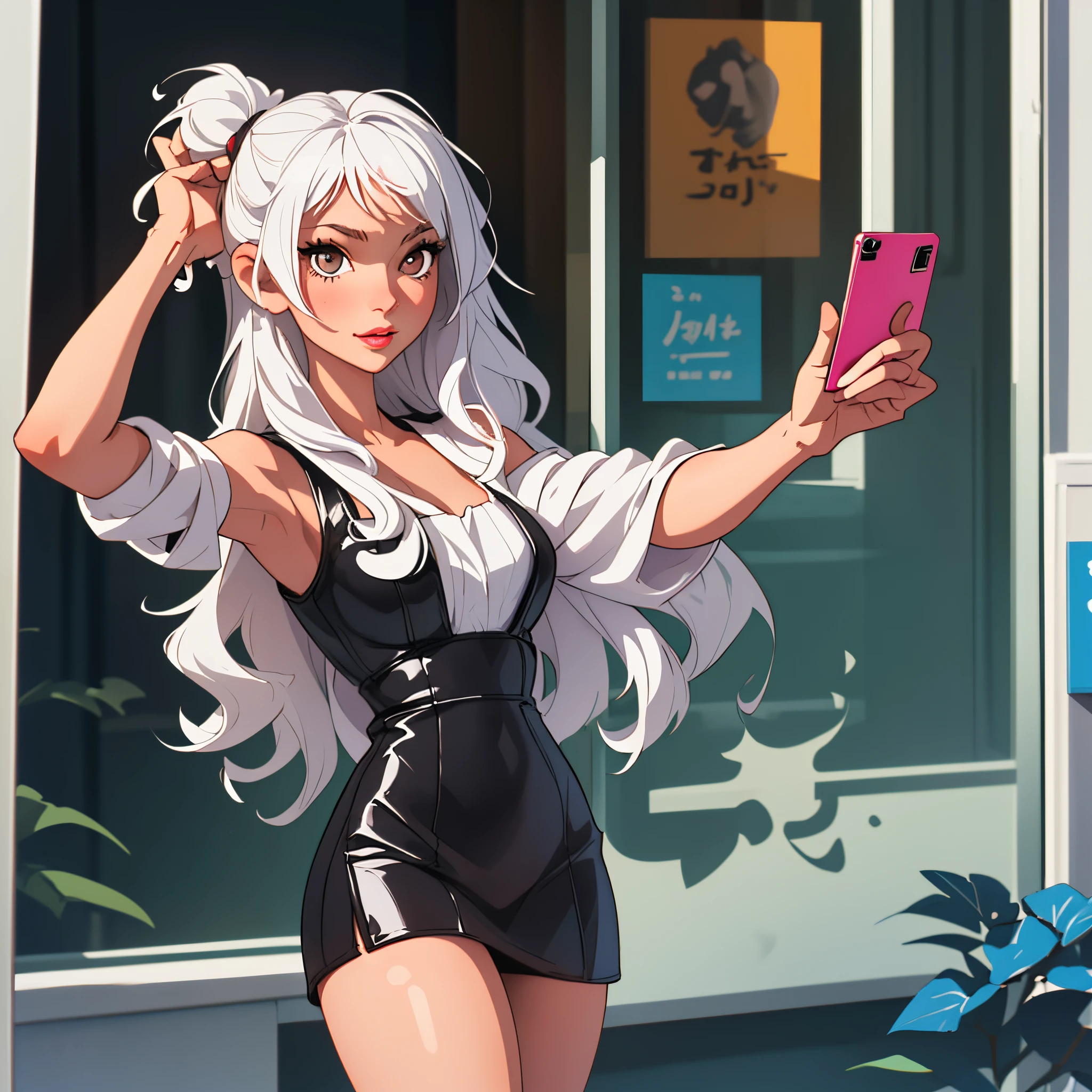 A girl in a short dress takes a selfie on her phone, Kristjan lips, curly white hair, silk leather