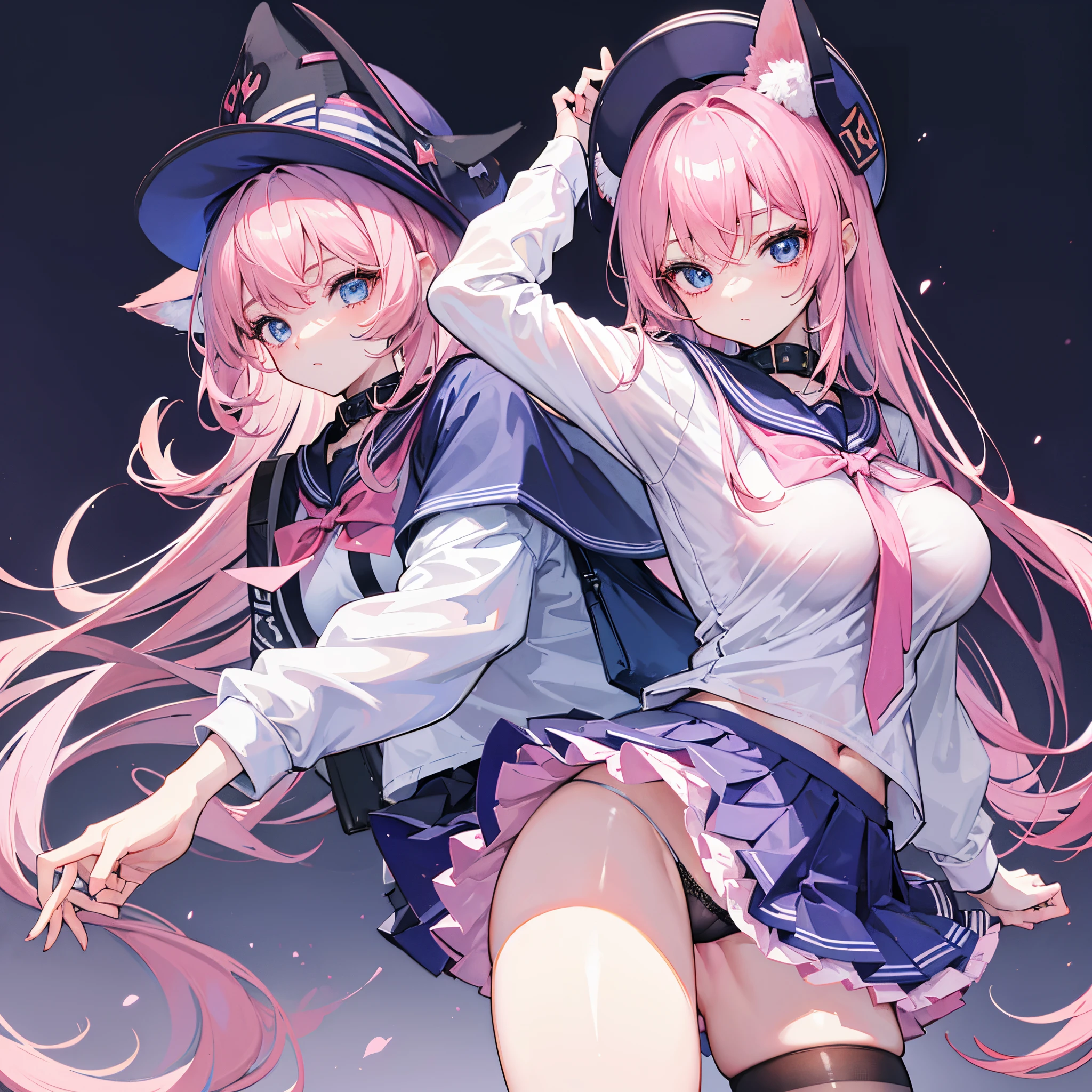 high qulity, tmasterpiece, ultra - detailed, 校服, Very short skirt, Unfasten your shirt, blackstockings, pink panty, Collar, women's headwear, 1个Giant Breast Girl, Alone, calm expression, Pink Long Hair, captivating blue eyes, fox ear, , Large breasts,lifting up skirt