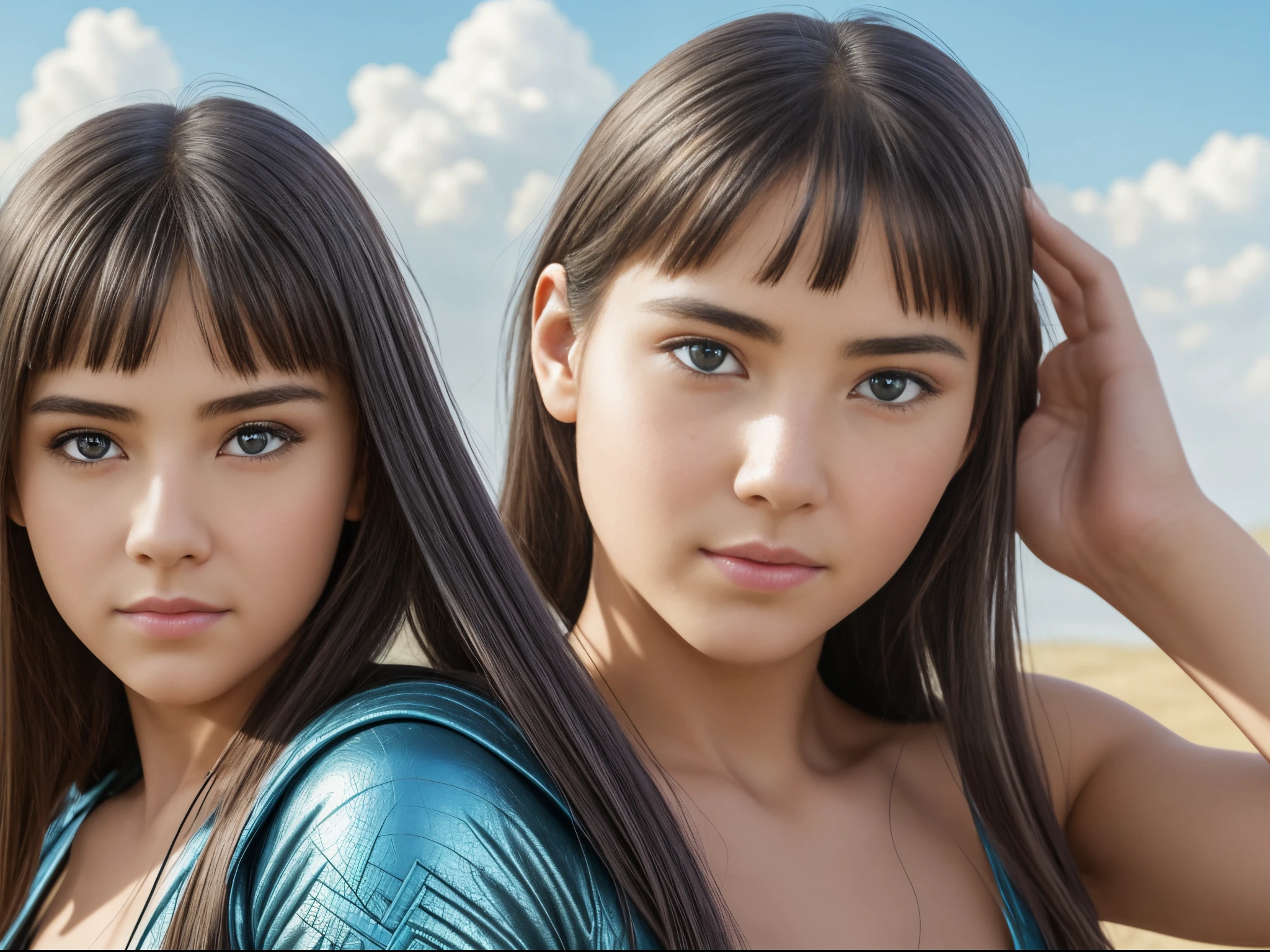 (masterpiece), realistic, beautiful face, cinematic light, bangs, ancient princess and her servant , full body, from above and side, outdoor, ancient ruins, beautiful eyes, silver hair, perfect anatomy, very cute,  (blue eyes) , bioluminescence, 8 life size,8k resolution, human hands, elegant, approaching perfection, dynamic, highly detailed, concept art, smooth, facing directly at the viewer positioned so that their body is symmetrical and balanced, stunningly beautiful teenage girl, detailed hairstyle, fractal art, god ray,  endured sadness expression, open mouth and stick out tongue, F-16 fighter jet chased by UFO, rainbow, winter, naked