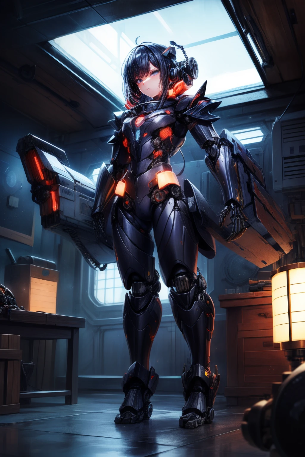 (fully body photo:2), (Youn/maam/Machinary:1.8), (The chest is particularly large:1.8), (Full mechanical body:2), (With bionic armor:1.5), White with black gears, (She sees outer space in a spaceship near the window:1.5), (She has very short straight purple hair:1.2), (eBlue eyes:1.2), (moaning:1.5), (Be red in the face:1.5), (Strike sexy poses for the audience:1.5), style of anime, Japanese cartoon, 16k, high qulity, ctextured skin, hyper HD, Award-winning