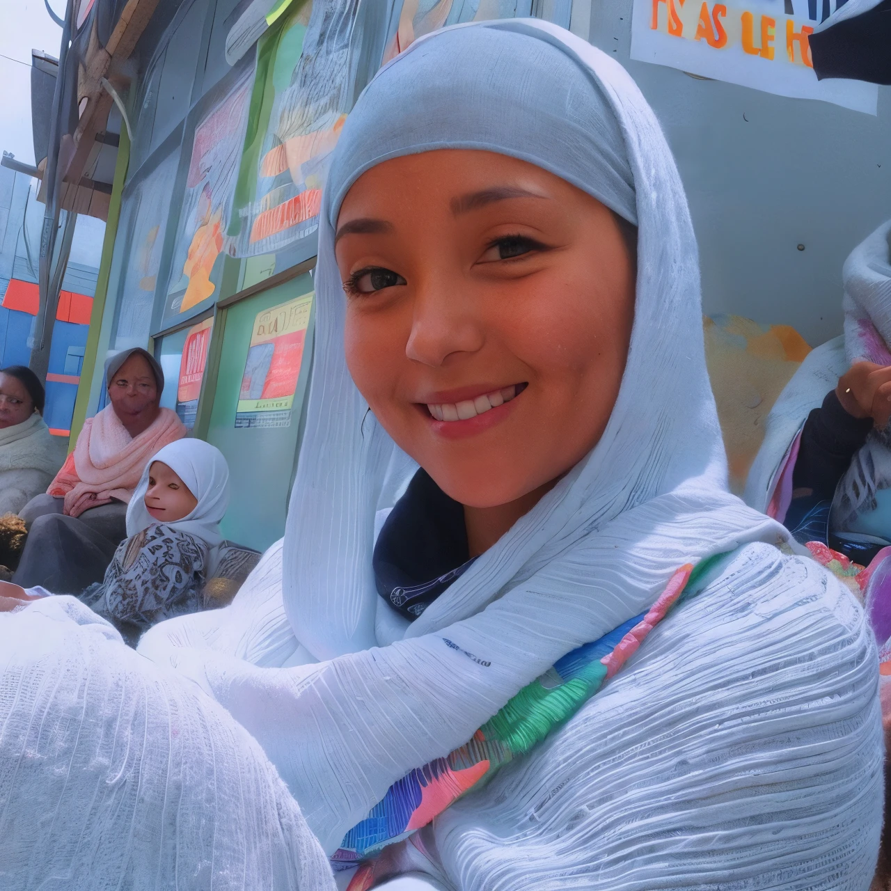 High quality color pencil scathing smiling woman in a white scarf and head scarf sitting on a bencriyahd cassiem, gorgeous lady, stunning beauty