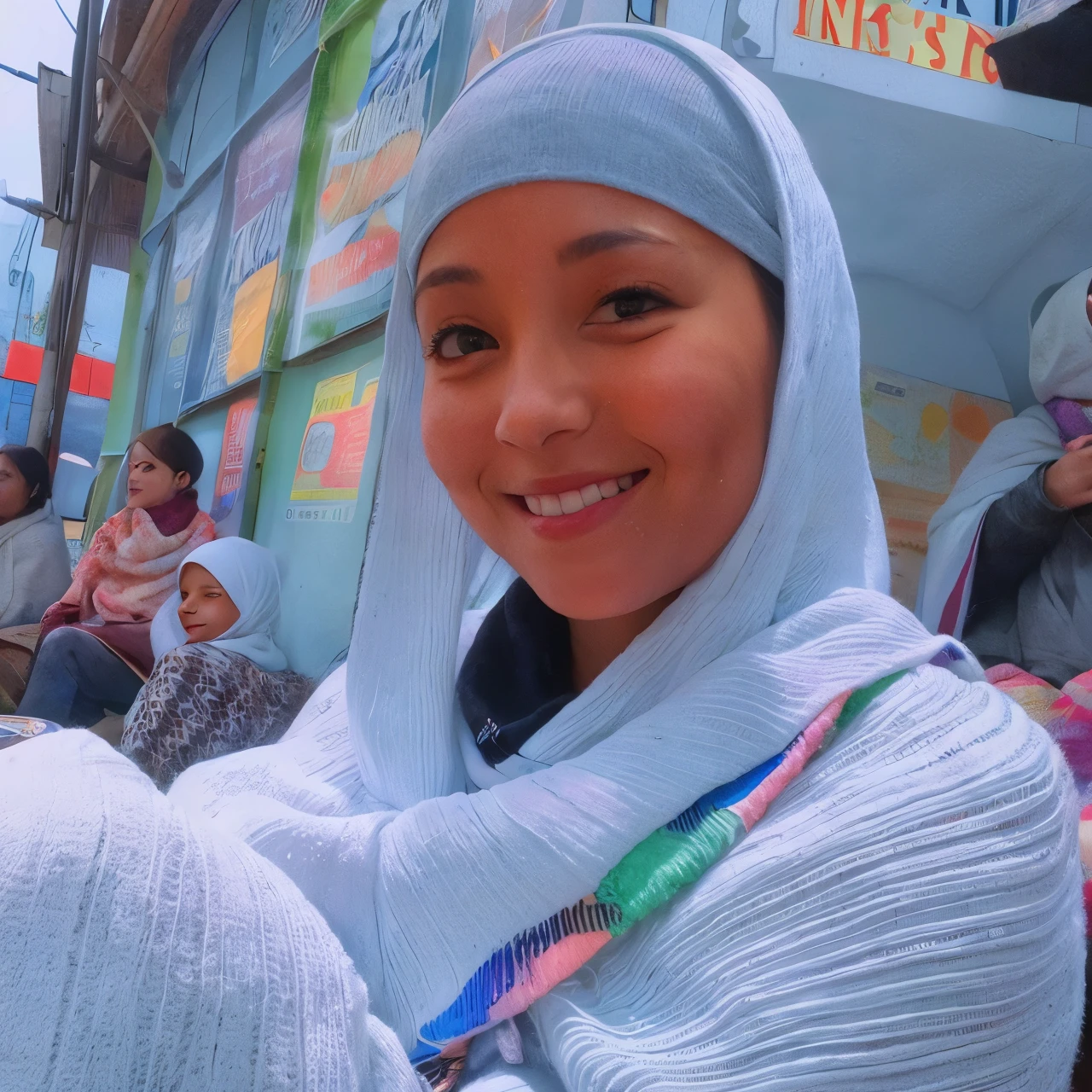 High quality color pencil scathing smiling woman in a white scarf and head scarf sitting on a bencriyahd cassiem, gorgeous lady, stunning beauty