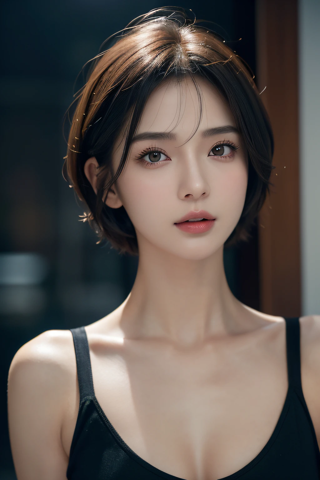 short-hair、Skin Tight Black Top:1.2、looking at viewert、cinematlic lighting、A perfect、softlight、High resolution skin:1.2、realistic skin textures、lifelike face、beautiful red eyes、off shoulders、Exposed cleavage、short-hair、no-makeup、Bust B Cup