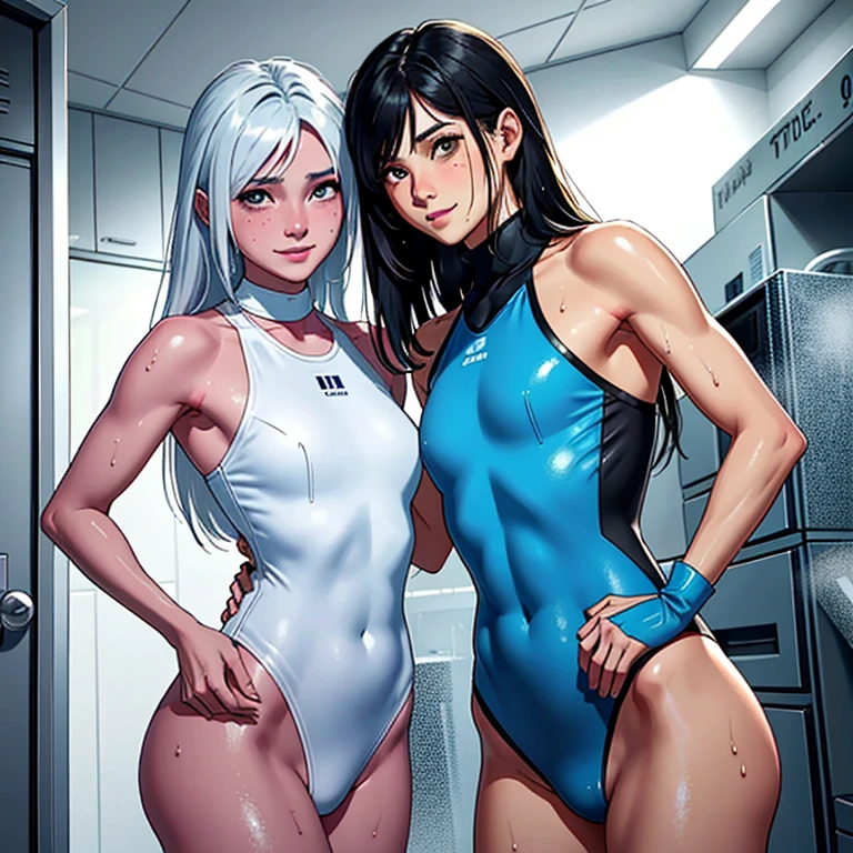 2girls, Transparent melting swimwear 、(​master piece, 8K resolution, Best Quality ), (hermaphrodite, androgyny:1.3), (A manly election :1.2、Feminine physique:1.5、Feminine face:1.3), Sexy Pose, wet and messy hair, (high-level image quality、high-detail), In the locker room, Take a shower of white foam covered all over your body, (seducting smile, Ecstatic smile and inviting to you),(Hot sweaty body)、Whole body covered in foam, (Color variations of skin, Color variations of hair, Colors variations of eyes, Color variations of uniforms )