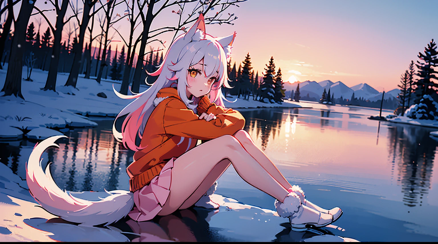 senko-san, li, big freezed lake, winter, multicolored hair, white hair, pink hair, orange skirt, orange sunset, 1girl, hi resolution, 4k, sakura, snowed lake, pink scratches on a face, skirt with fur, white ears, ears with fur, cute face, whie-pink hair, bob hairstyle, snow on a lake, icy lake, short girl, charachter sits on her butt, 6 yesitting on a snow, orange small boots, white long socks, tail lying on the snow, white tail, fluffy tail, tail from butt