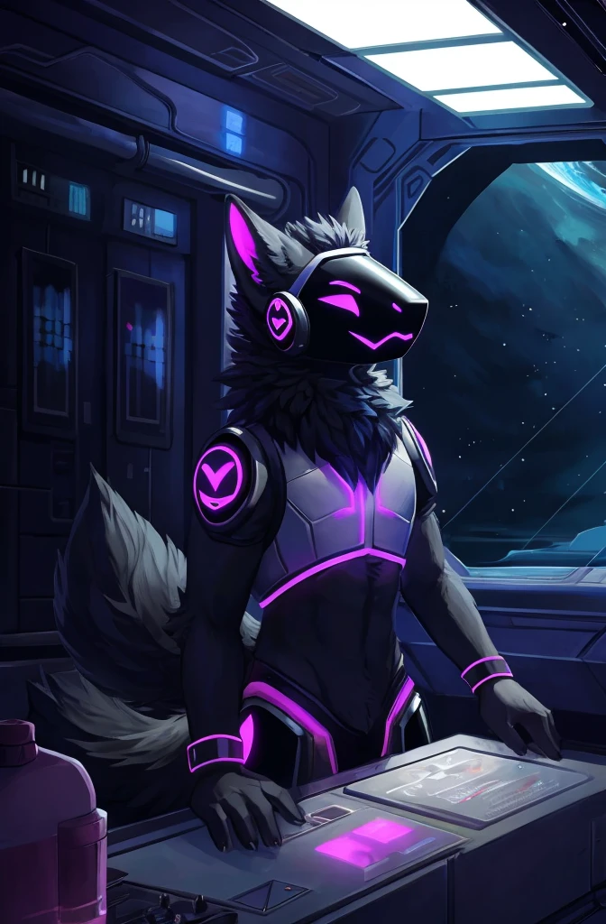 Protogen, furry art, masterpiece, great anatomy, black fur, neon purple details, detailed background, fluffy tail, male, wearing a black captain outfit, solo, submarine, control panels, dark cabin, detailed illumination, no windows, very little light, power outage, lights off, darkness.