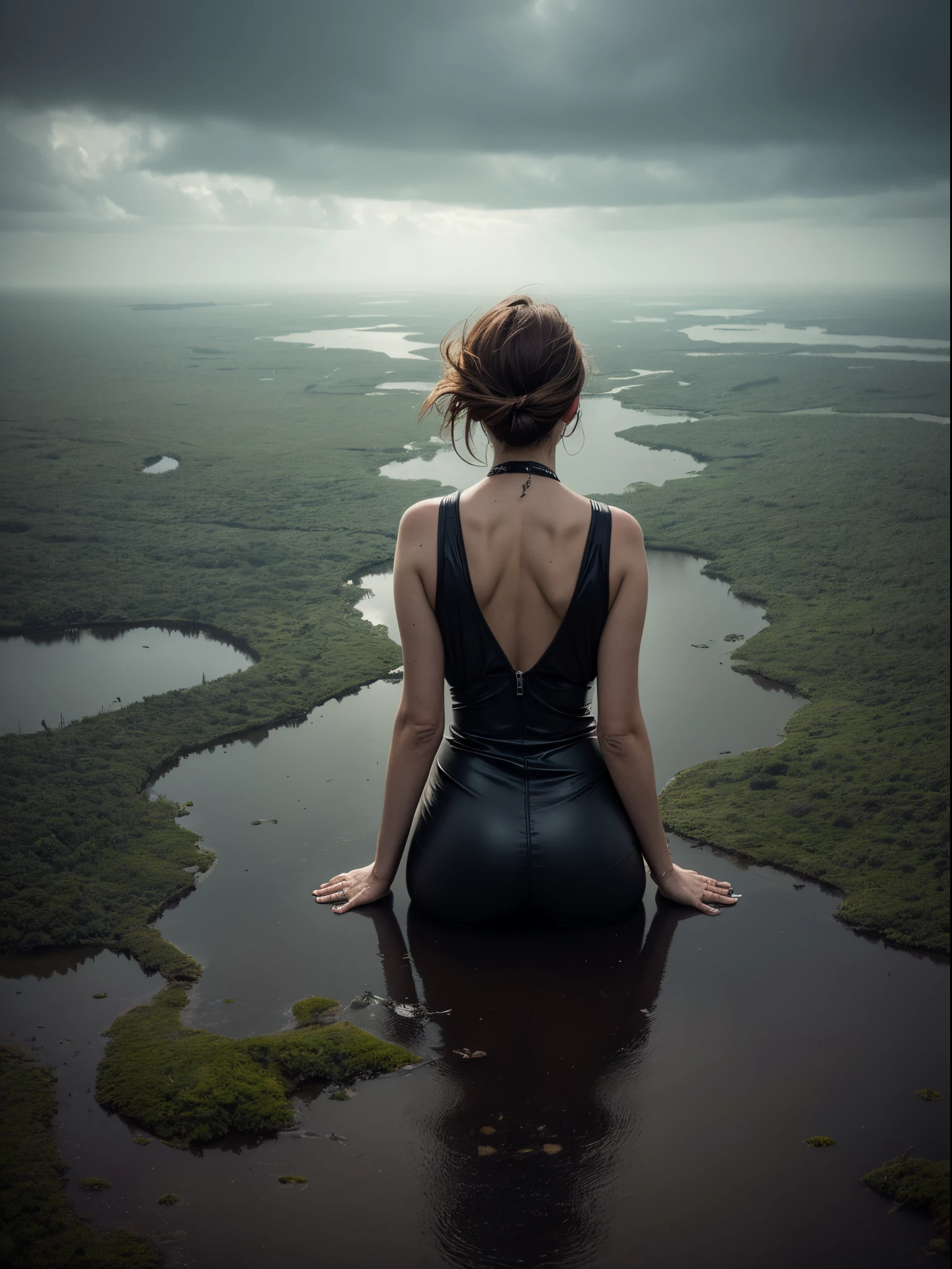 (Best quality,high resolucion,Masterpiece, aerial view:1.20),Ultra-detailed,La femme trentenaire 55ans ,Grandes fusées éclairantes sur le jean, shackles, fouet, Gants noirs, ,maladif,drowning in a swamp,Sombre extase,Exhausting fetish,Dark and gloomy atmosphere,texture granuleuse,retrô, atmosphere,Distorted reality,Melancholy expression on his face,mysterious aura,foggy atmosphere,foggy background,Palette de couleurs subtile,pose provocatrice,Strong emotions,Emergeant des profondeurs du désespoir,piercing gaze,ombres intenses,Plongé dans l'darkness,Uneven terrain,Disturbing atmosphere,Une sensation surnaturelle,Perte d'espace dans le temps et dans l'espace,Un silence étrange.asymmetrical bangs, Rousseur, cheveux courts roses, frange, Rousseur, yeux gris,