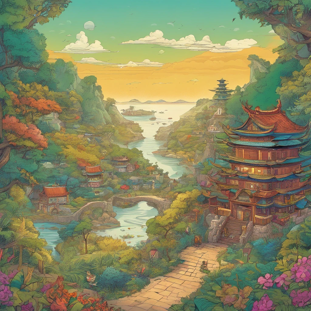 Magical ruins with extremely sharp and rich details、「search and search」Create a style illustration. Make sure your scene is filled with intricate details, Vibrant colors, Realistic texture. Contains 20 different mystical creatures, [number] magic object, 50 surprising elements that stand out. for a fascinating experience、Emphasizes high levels of detail and visual richness.