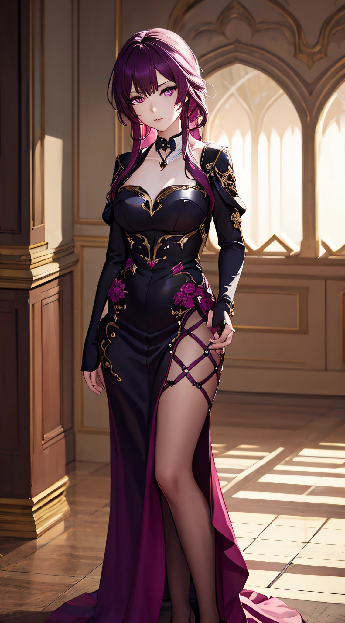 a few girls in nobility fantasy dress (masterpiece), best quality , expressive eyes, perfect face, full body, standing, shade detail, purple eyes, purple hair