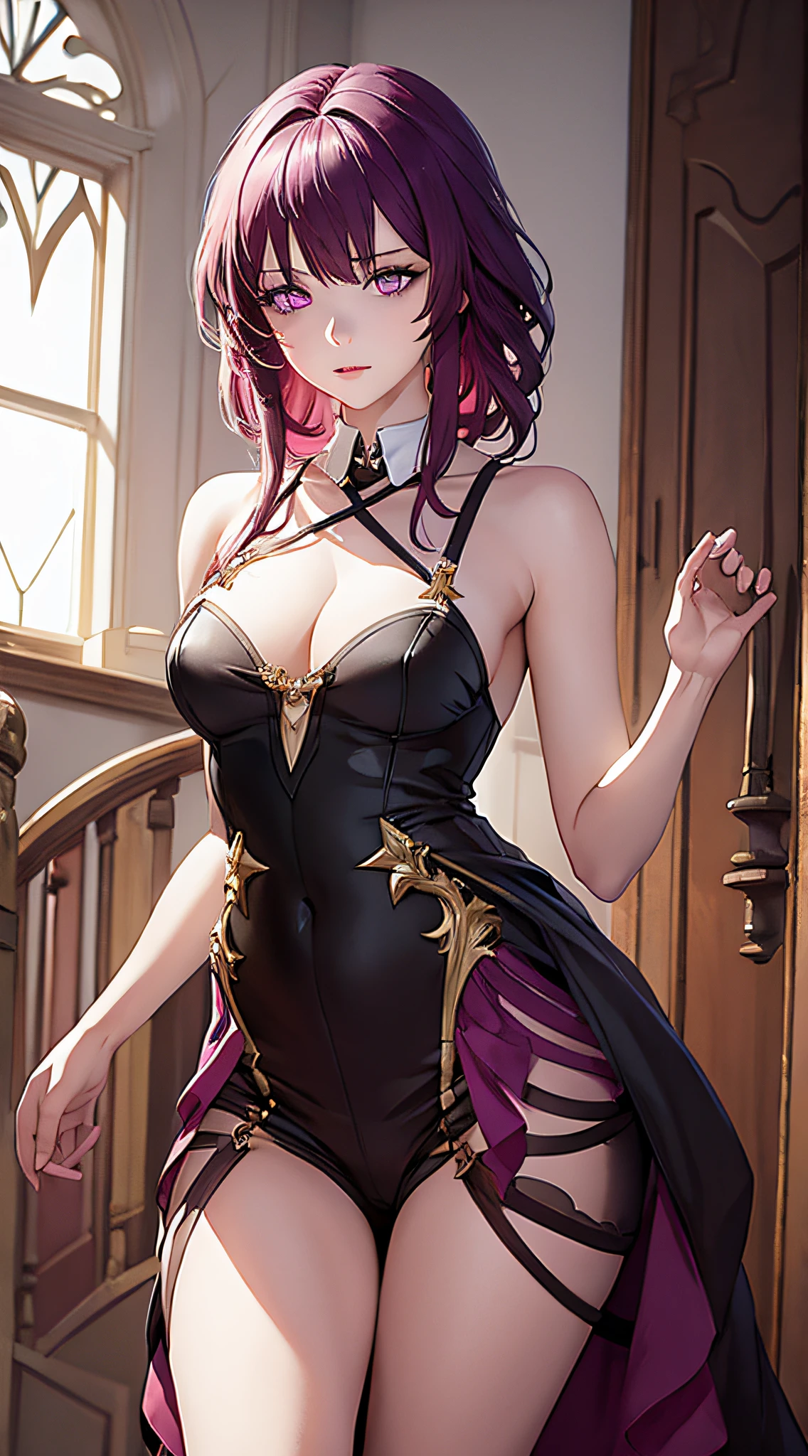 a few girls in nobility fantasy dress (masterpiece), best quality , expressive eyes, perfect face, full body, standing, shade detail, purple eyes, purple hair