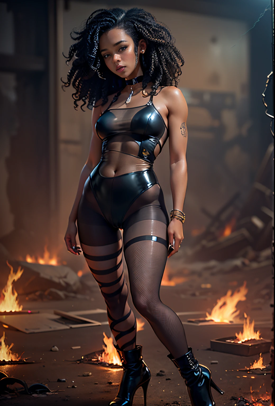 ((Two, 21-year-old))), black girls, (((light skin))), (((full body pose))),  (((long curly black hair))), (((wearing see through sheer dress, pantyhose, and heels))), (((submissive slave girl))), (((metal choker))), (((post apocalyptic scene, fire, death))), dark fantasy, (((thigh gap with cameltoe))), Rich, Deep Colours, (intricate details:0.9), (HDR, hyper-detailing:1.2), (natural skin textures, hyper realisitc, glistening skin, soft light, Sharp),