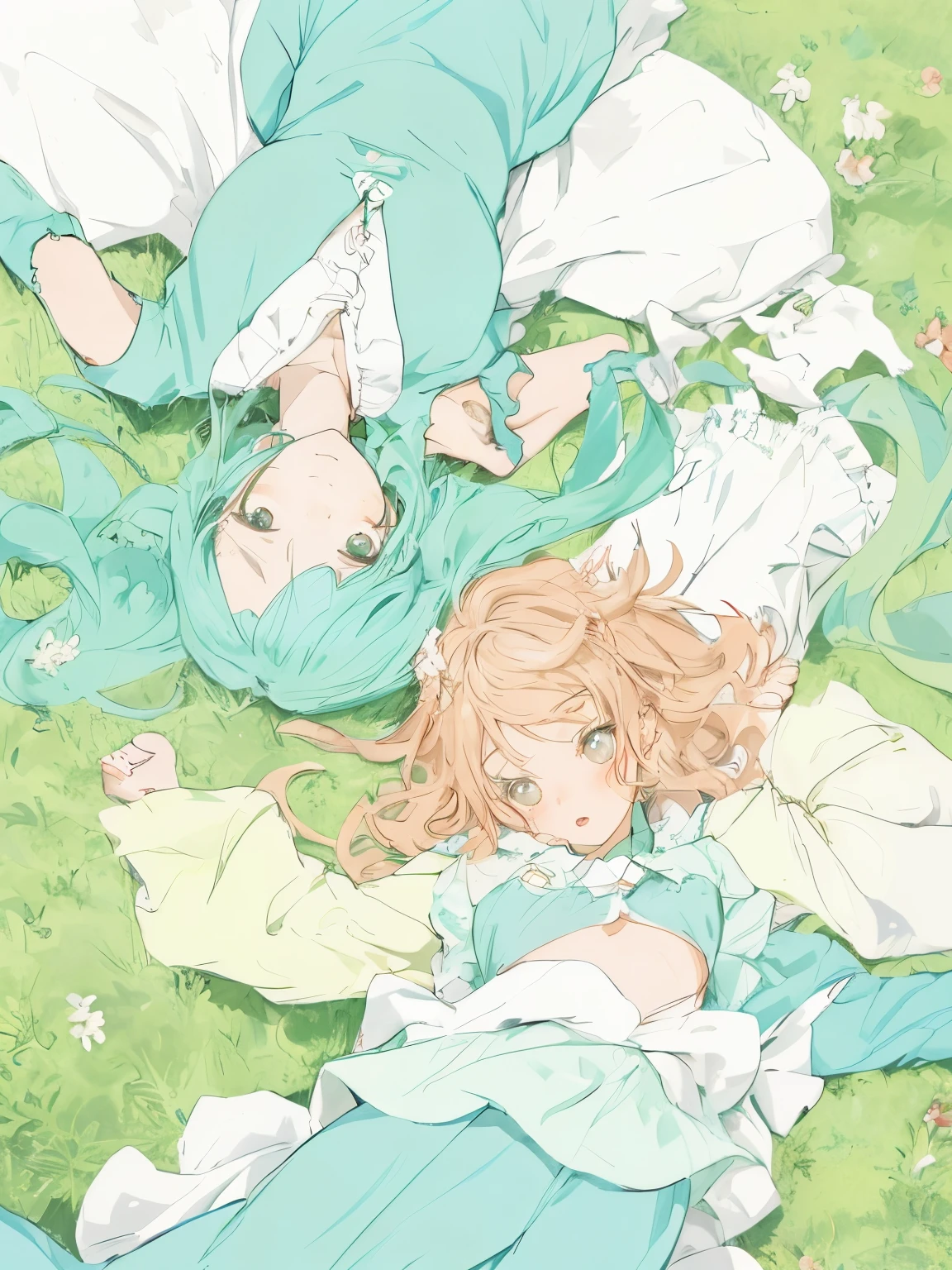Anime image of two girls lying on the ground,  klee, anime illustrated, Color Anime, Lori, line-drawing, cyan and green, anime styled, cute anime style, high quality fan art, In anime style、kawaii、looking-down、From directly above、reverse arrangement