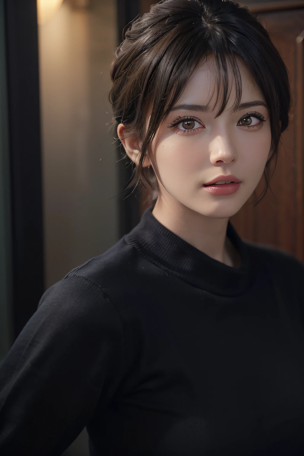 (masterpiece:1.3), (8k, photorealistic, RAW photo, best quality: 1.4), (1girl), beautiful face, (realistic face), (black hair, short hair:1.3), beautiful hairstyle, realistic eyes, beautiful detailed eyes, (realistic skin), beautiful skin, (sweater), absurdres, attractive, ultra high res, ultra realistic, highly detailed, golden ratio