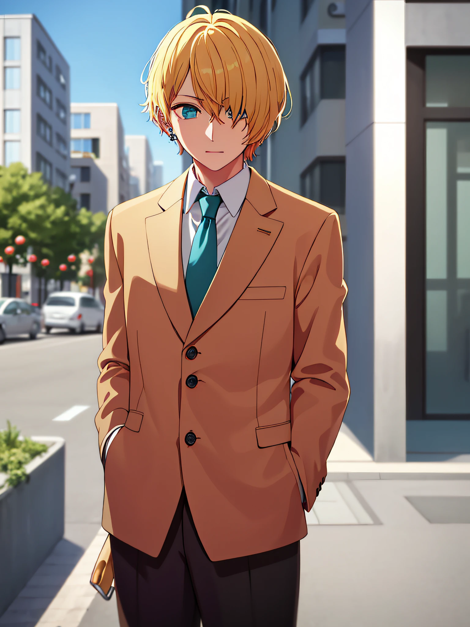 masutepiece, Best Quality, High quality, 1boy, Solo, Male Focus, Looking at Viewer, Upper body, Hoshino_aquamarine, Blazer, ear piercings, School run, Jacket, Park, city roads, Blonde, Long coat, Sitting, star symbol on the right eye,