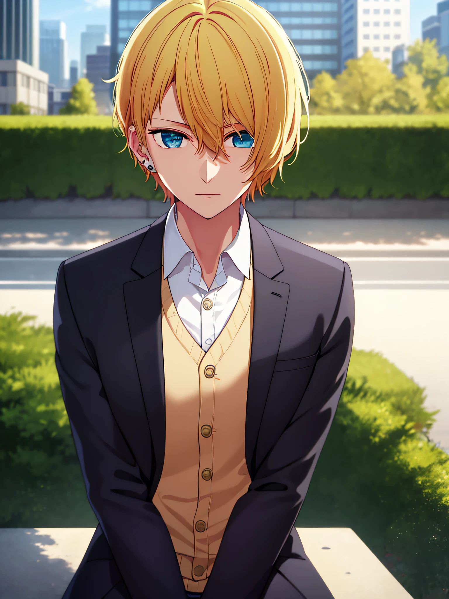 masutepiece, Best Quality, High quality, 1boy, Solo, Male Focus, Looking at Viewer, Upper body, Hoshino_aquamarine, Blazer, ear piercings, School run, Jacket, Park, city roads, Blonde, Long coat, Sitting, star symbol on the right eye,