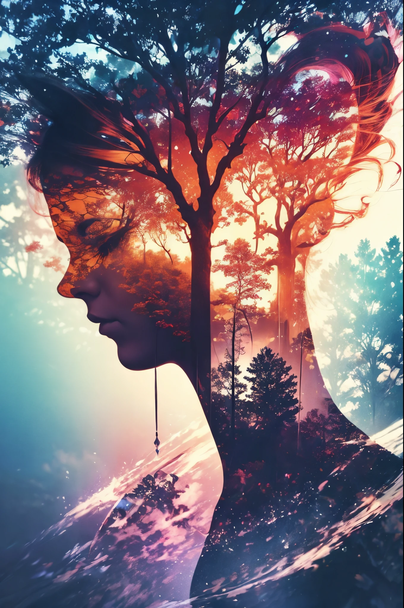 masterpiece, digital imaging, photography, double exposure, centered, white background, 1girl, elf, mythical forest, volumetric lighting, symmetric, vibrant color, (epic composition, epic proportion), HD