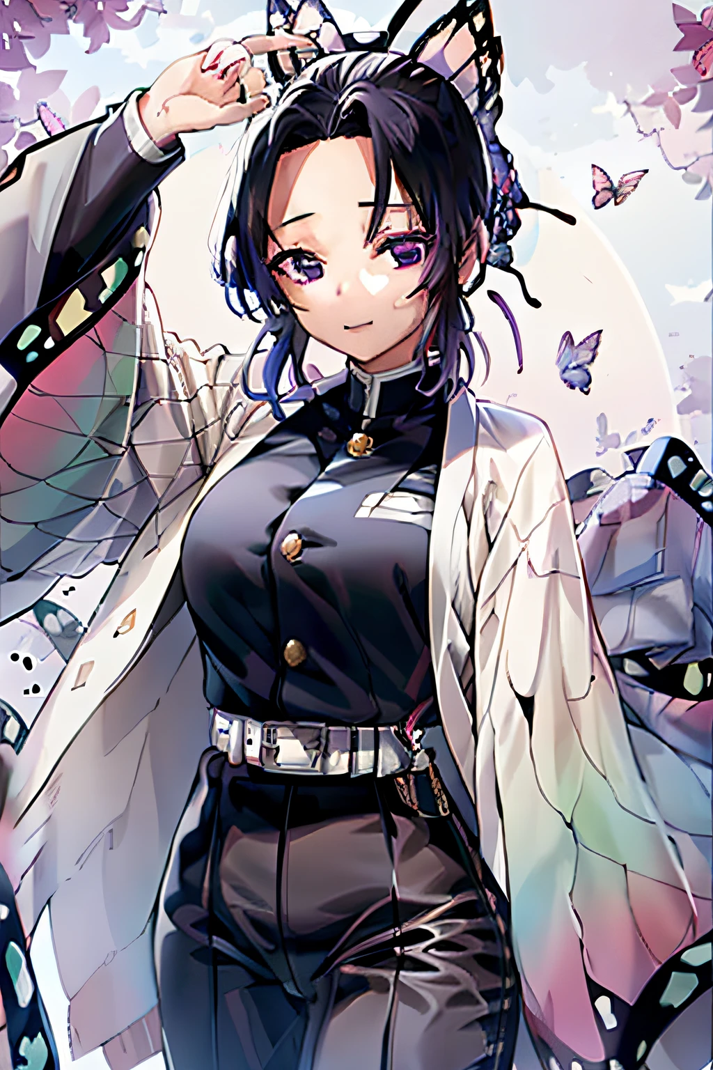 1girl,masterpiece,(kochou shinobu) (best quality:1.2),( Kochou Shinobu), multicolored hair, long sleeves, purple eyes, black jacket, high waist black pants, uniform, white haori, Japanese clothes, multiple butterflies, buttons, belt, lake, sunset, lens flare, perfect lighting, highest quality, hands behind, thick thighs, large breasts,