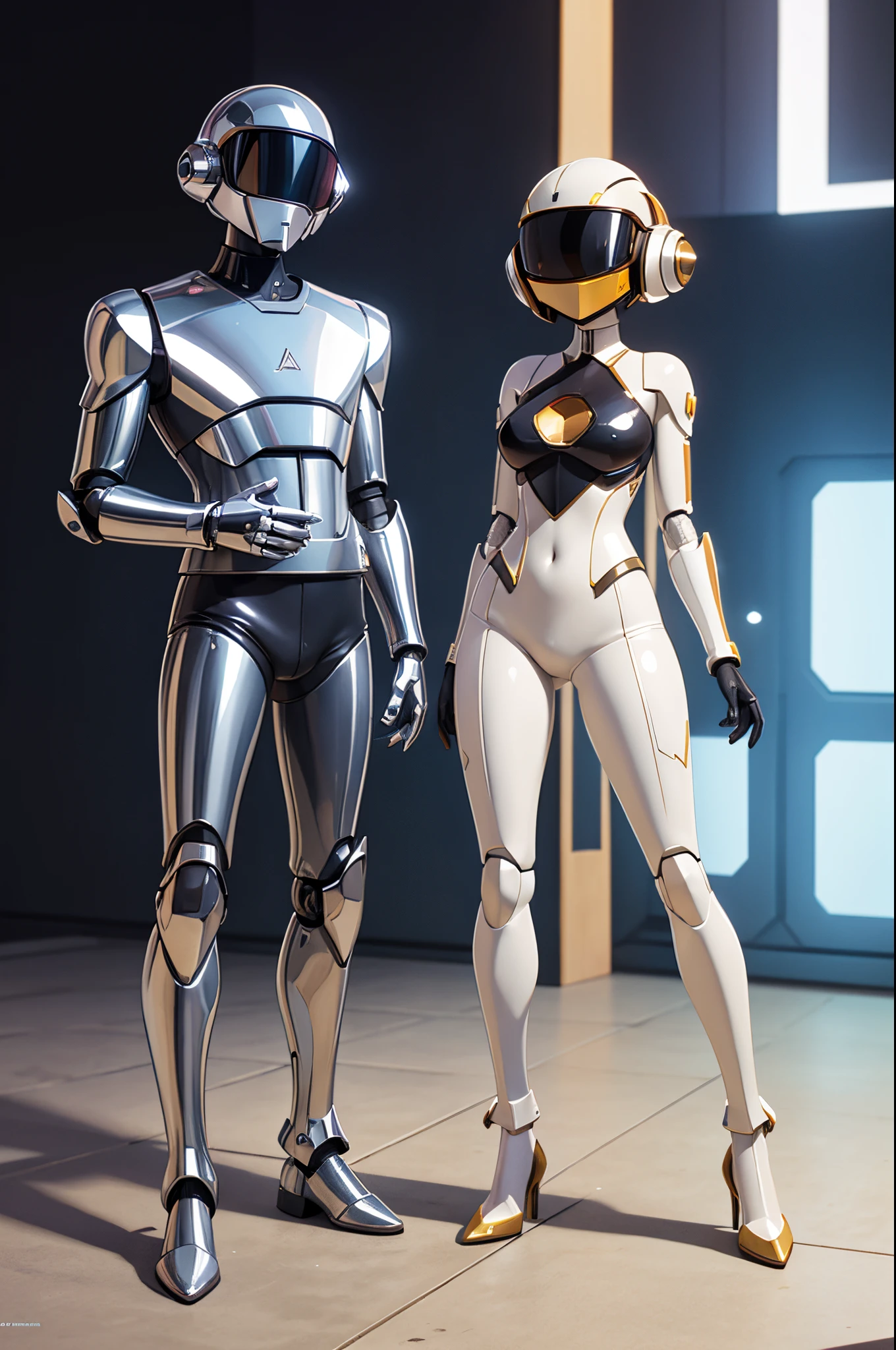 Chrome, robot woman, Hajime Sorayama, sensual, full-body, daft punk helmet