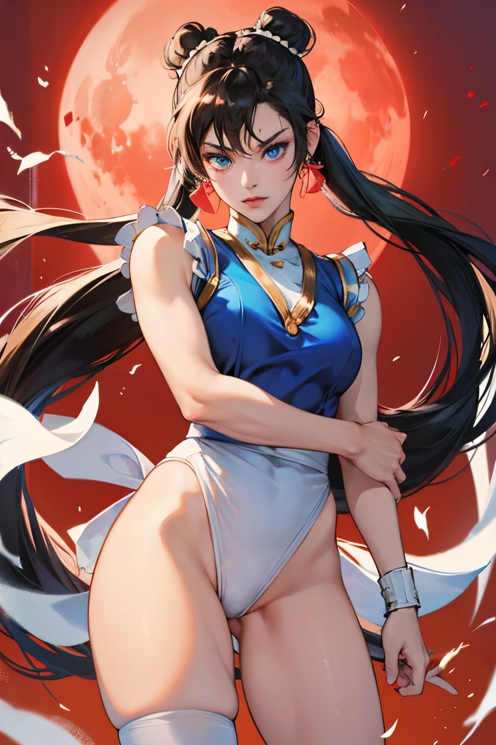 chun-li from street fighters series , white panty , in the streets , red moon , perfect eyes , blue eyes ,