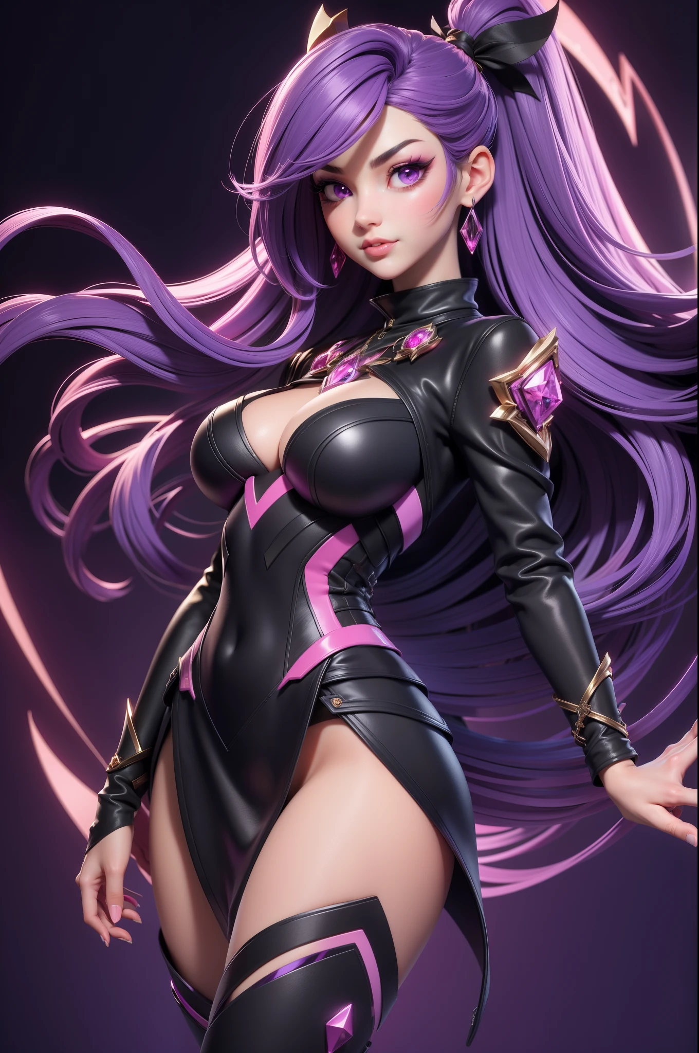 3DMM style,(tmasterpiece,top Quority,best qualtiy,offcial art,Beauty and aesthetics:1.2),(s fractal art:1.3),1sexy girl,big breasts beautiful,high detal,Purple hair with a hint of pink,a pink eyes,Dark lights,serius face,look at sky,Skysky,Medium shot,Black sweater,jewely