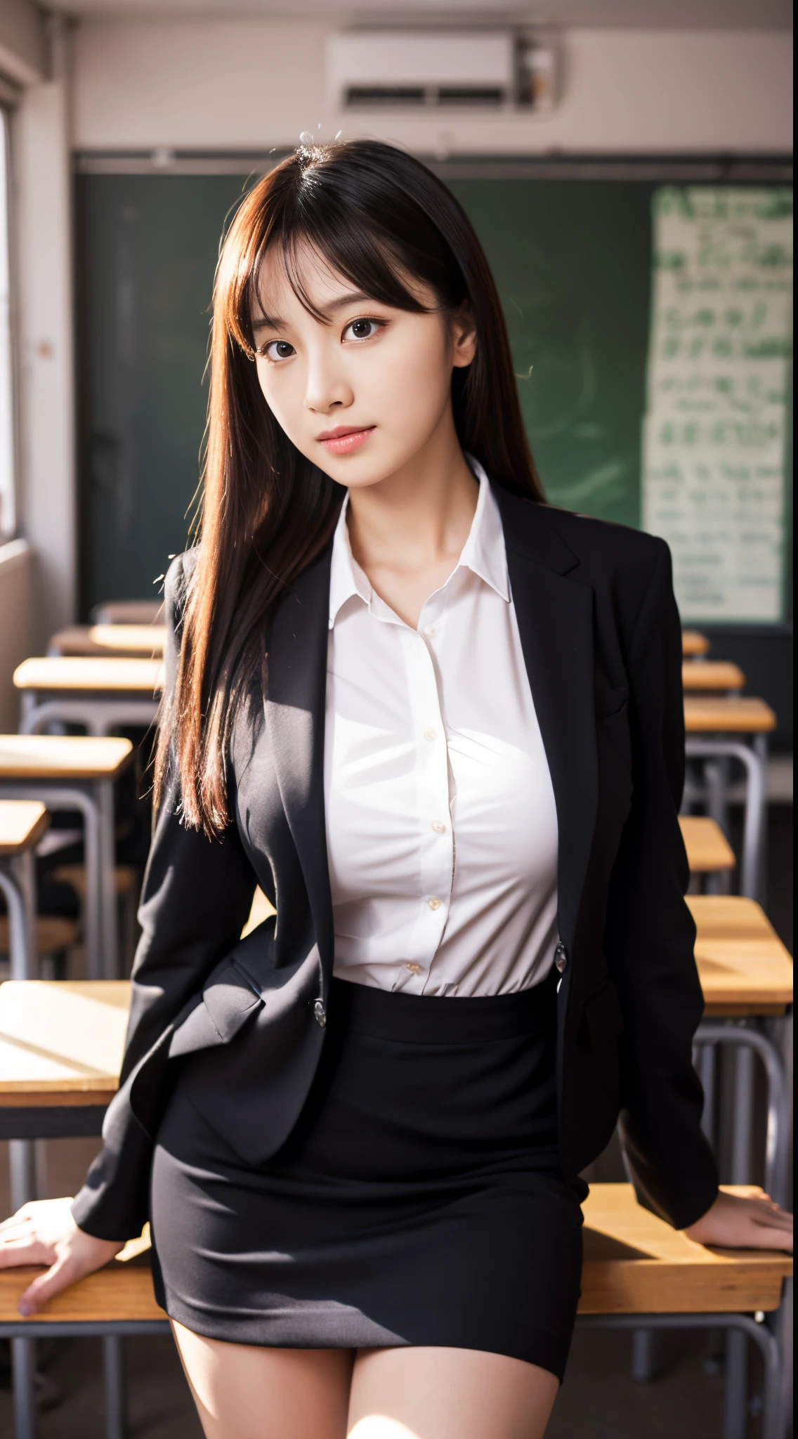 4k,8k,16k,32k, high-resolution ,realistic, photorealistic, RAW photo,ultra realistic photo ,Best Quality, High Quality, Face Focus ,Symmetrical face, 1Girl ,30 years old ,enormous breasts, Woman's business black Suit ,black business black tight skirt,frontage,full body shot,classroom, Sony