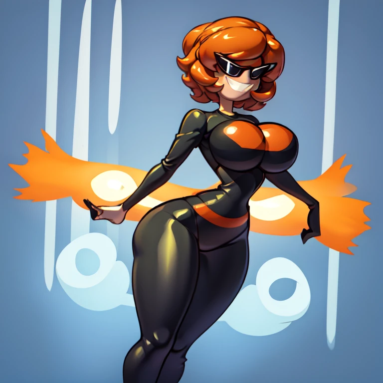 1girl, solo, sunnymiamitf, huge breasts, narrow waist, wide hips, Sunglasses, teeth, straight hair, medium hair, short hair, orange hair, black swimsuit