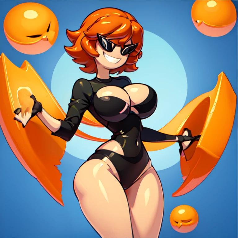 1girl, solo, sunnymiamitf, huge breasts, narrow waist, wide hips, Sunglasses, teeth, straight hair, medium hair, short hair, orange hair, black swimsuit