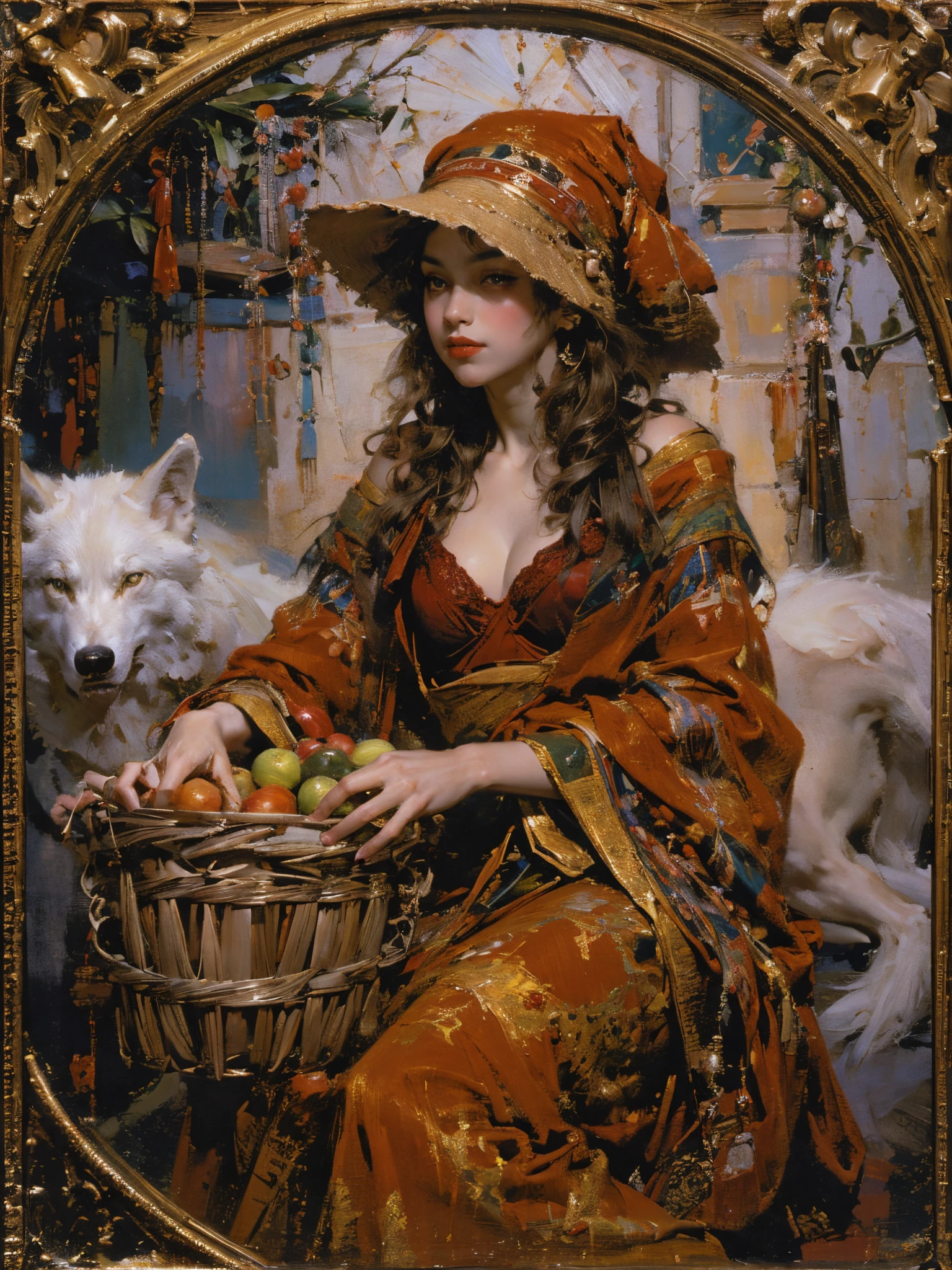 Describes the scene where the girl in red meets the wolf，(((white wolf)))，Quiet and harmonious atmosphere，Dramatic composition，warm color palette，plethora of colors，Correct anatomy，Detailed faces, 詳細な目，（Girls wear：red shawl，Red Hat，laced dress，Red Hat, cloaks, Large bra, a skirt, Red dress，Carrying a basket of fruit），Background with：luring，natural  lightting, Candy   House，a fairy world，Close-up cleavage，Charming and sexy legs，((Sexual suggestiveness))，Correct anatomy，Detailed face, Detailed eyes，(post impressionist),(Fechin Oil Painting - Fechin Oil Painting , oil painted), 04